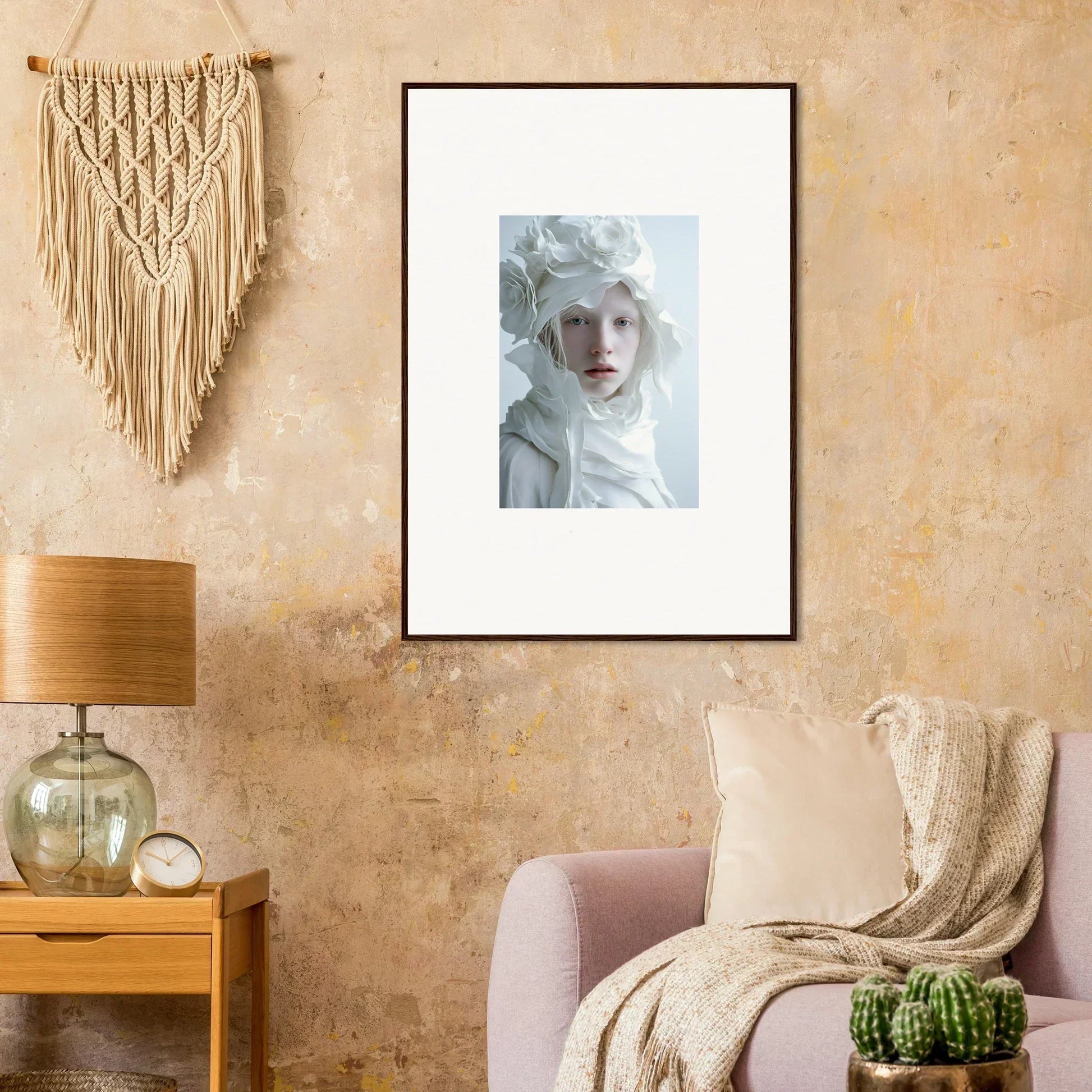 Framed wall art portrait of a person with pale features, perfect for room decor