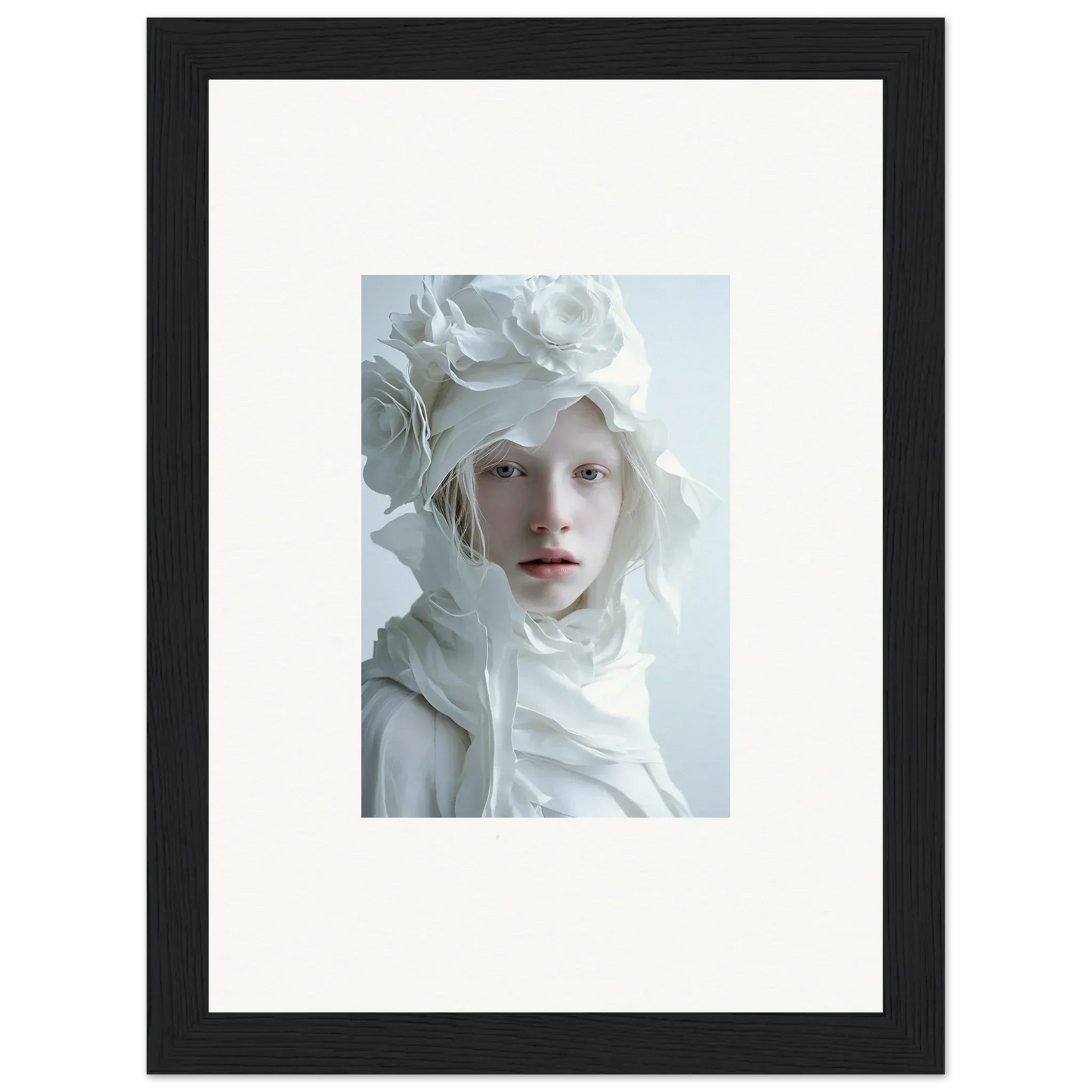 Framed wall art of a person in a floral headpiece, perfect for stylish room decor