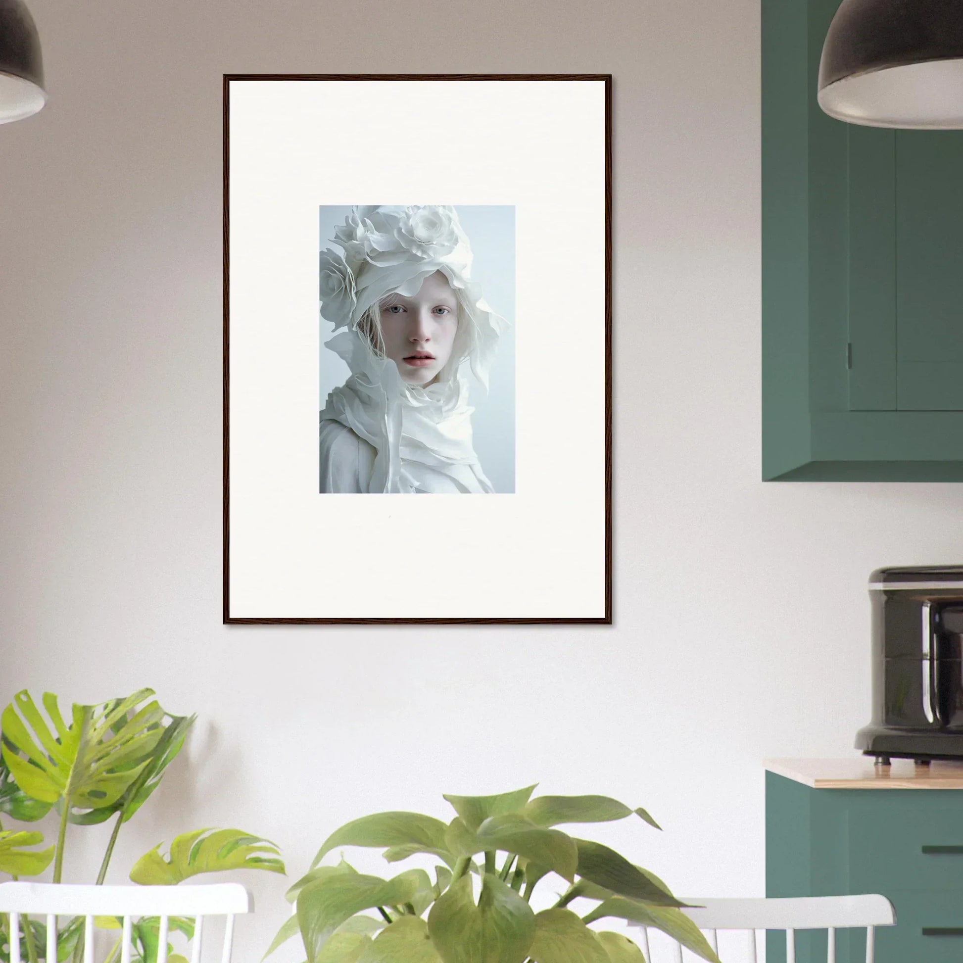 Framed wall art of a person with pale skin and white hair for stylish room decor