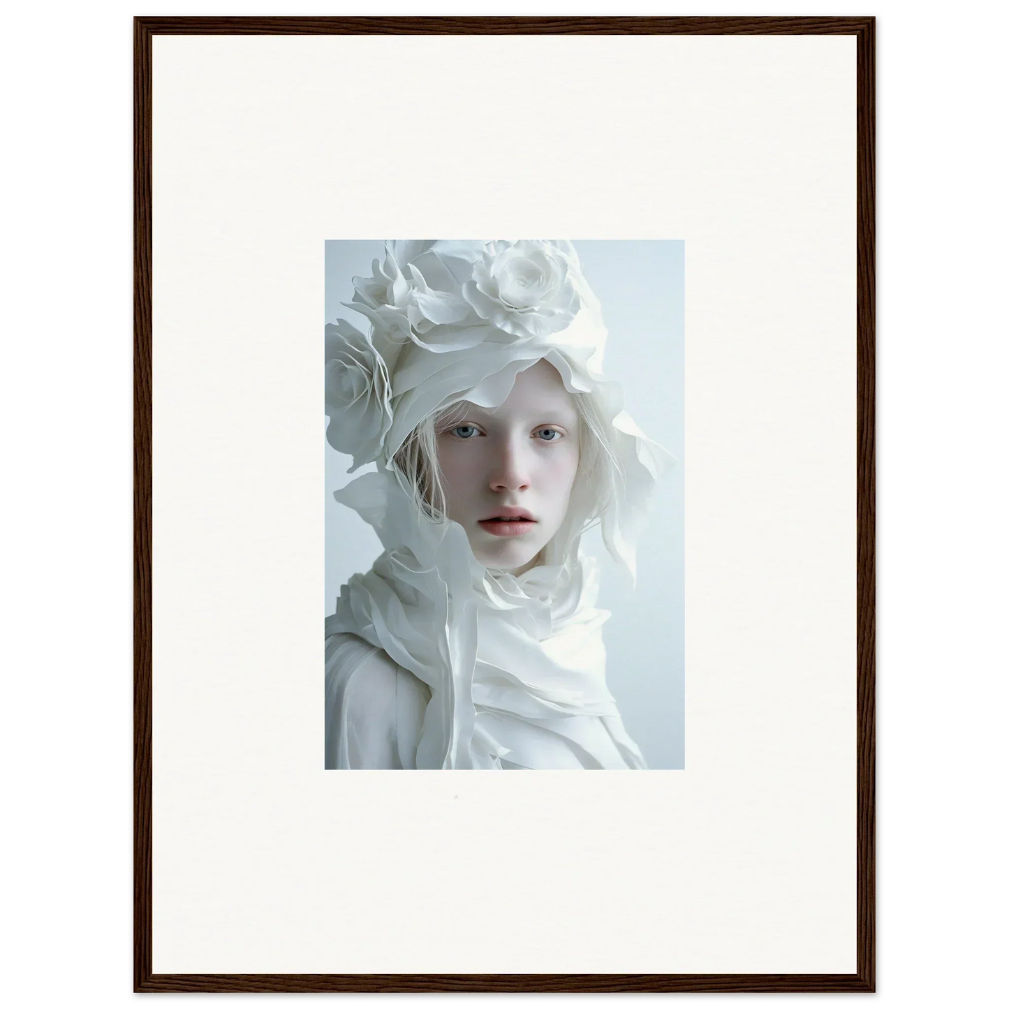 Framed wall art of a person in white floral attire for elegant room decor