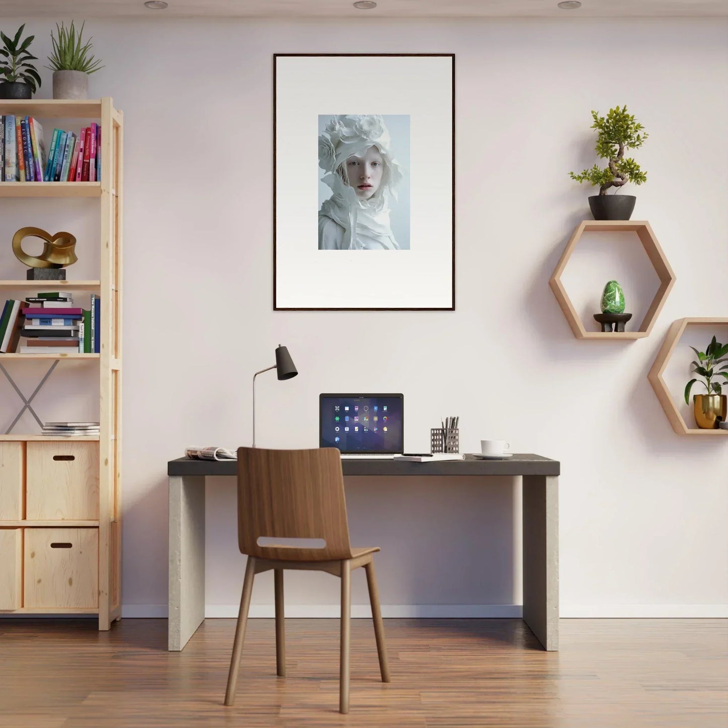 Modern home office workspace featuring desk, chair, and framed wall art for stylish room decor
