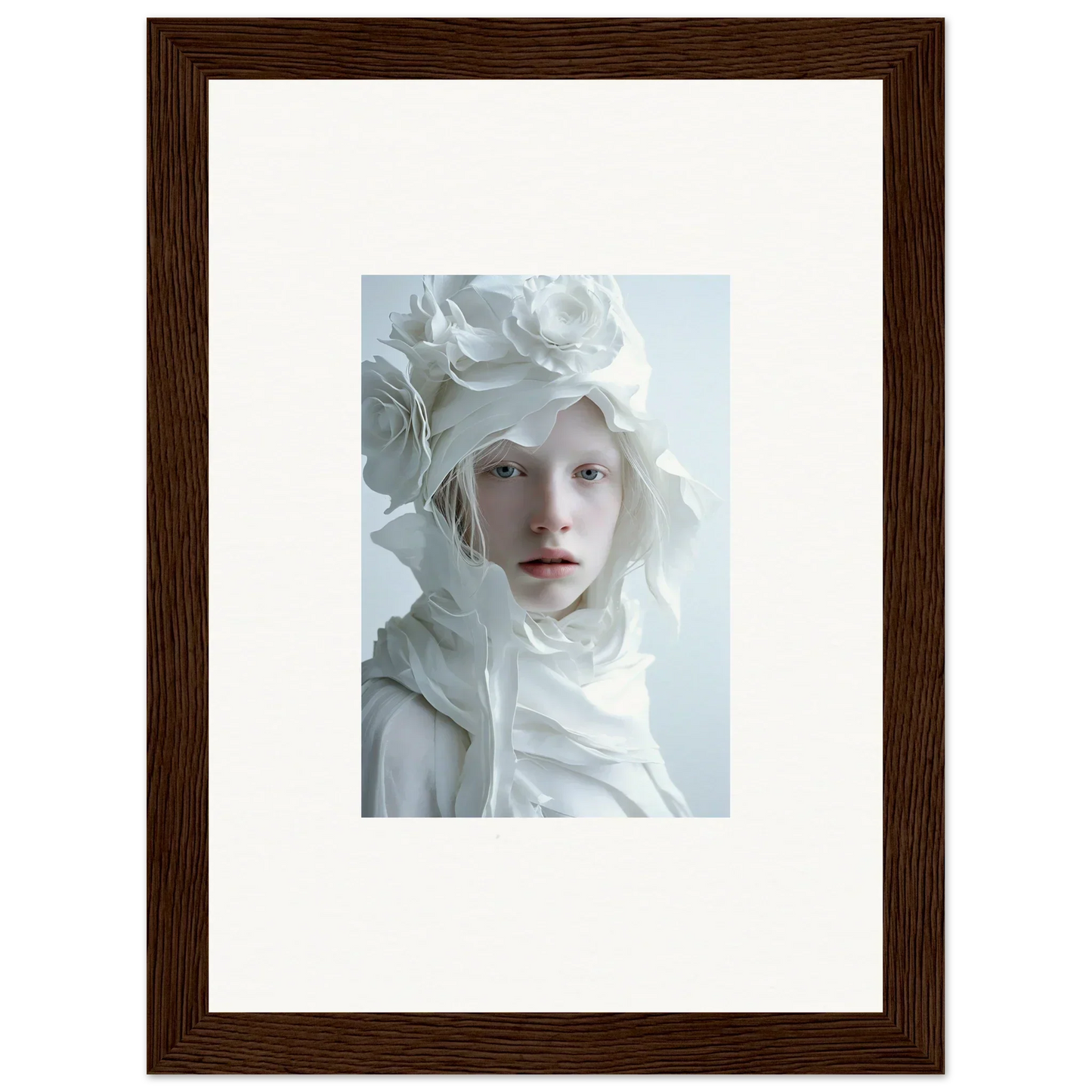 Framed portrait photograph for elegant room decor featuring a pale person in white attire
