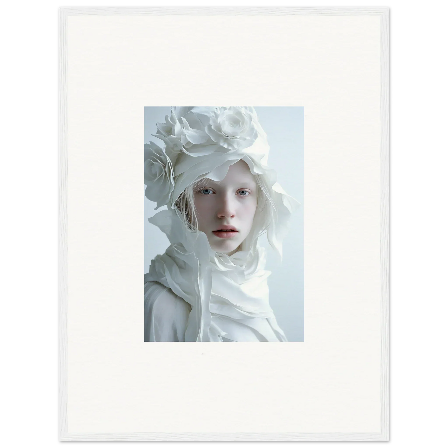 Portrait of a person in a white floral headdress, perfect for framed wall art