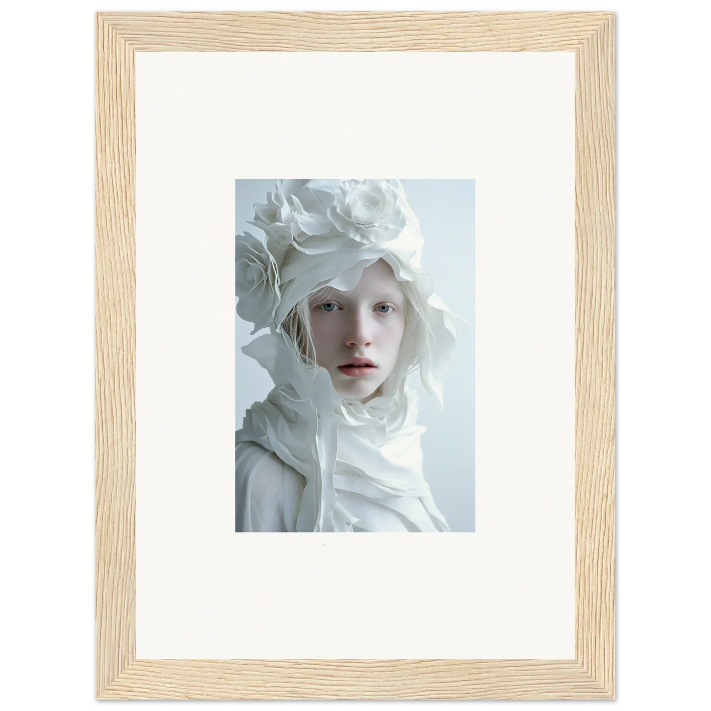 Framed wall art of a person in a white floral headdress for stylish room decor