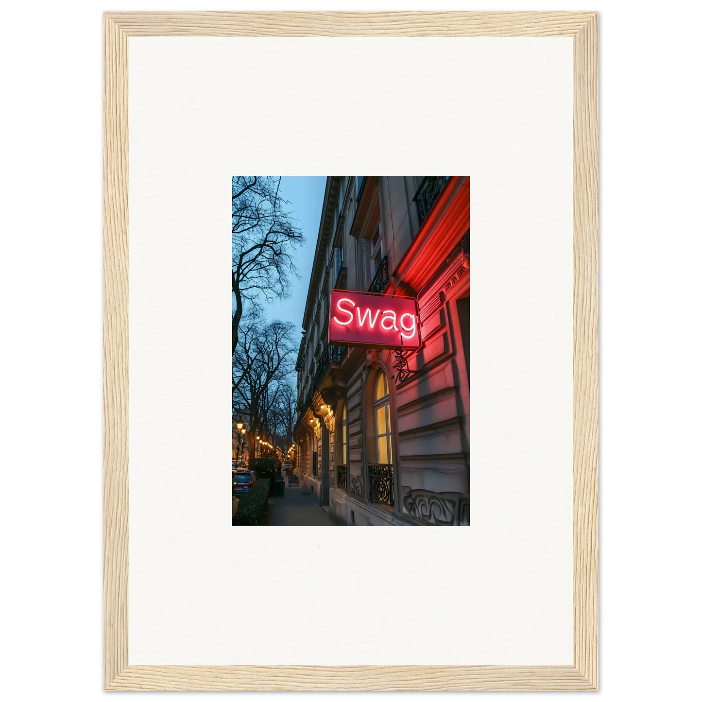 Framed wall art of a neon Swag sign at dusk, ideal for Eternal Whispers room decor