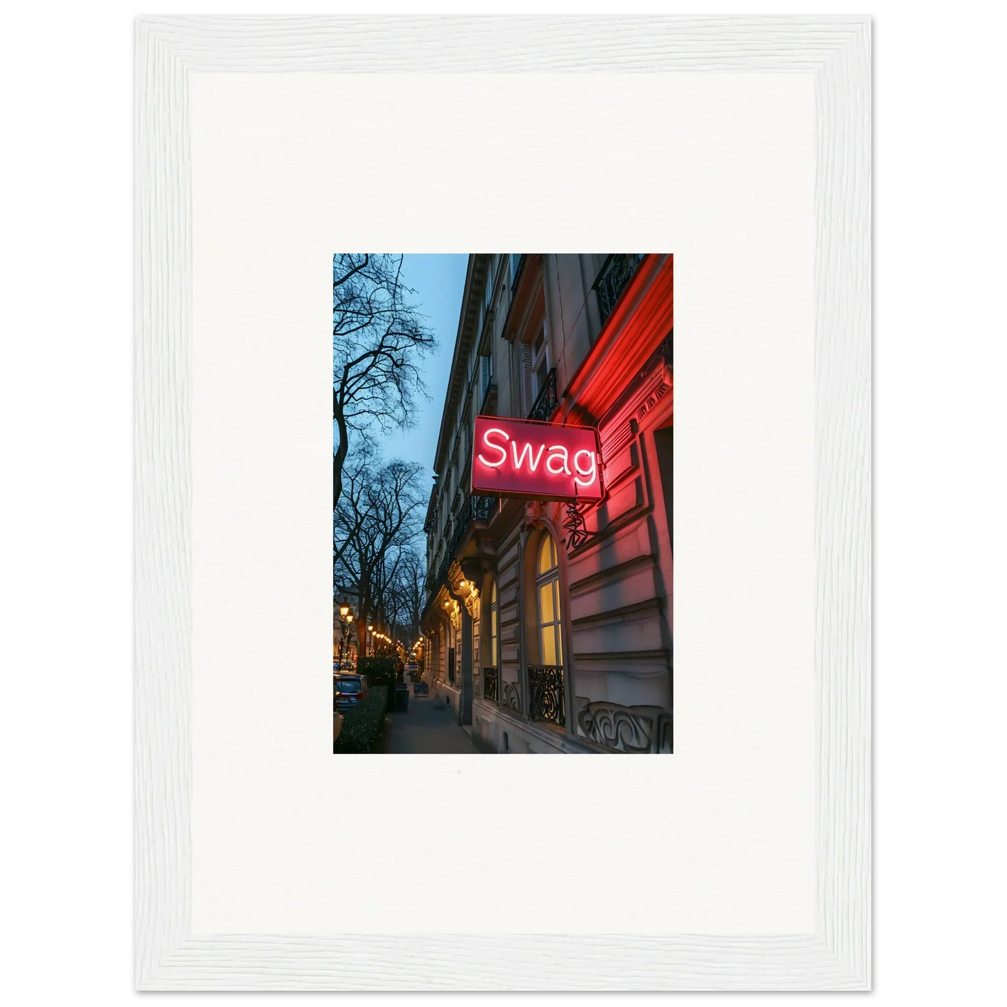 Neon red Swag sign on building facade, perfect for Eternal Whispers room decor