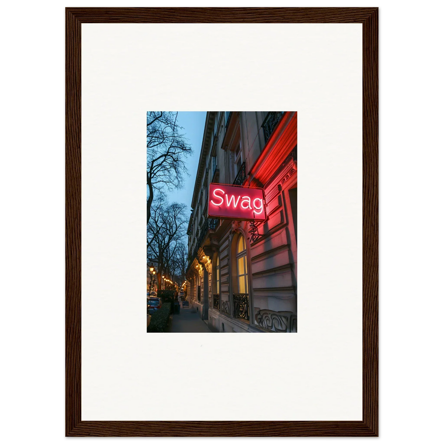 Framed wall art of glowing red Swag sign on building, perfect for Eternal Whispers room decor