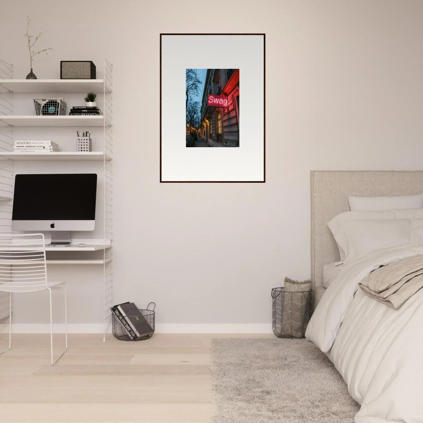 Framed wall art featuring a city street at night with neon signs, eternal whispers room decor