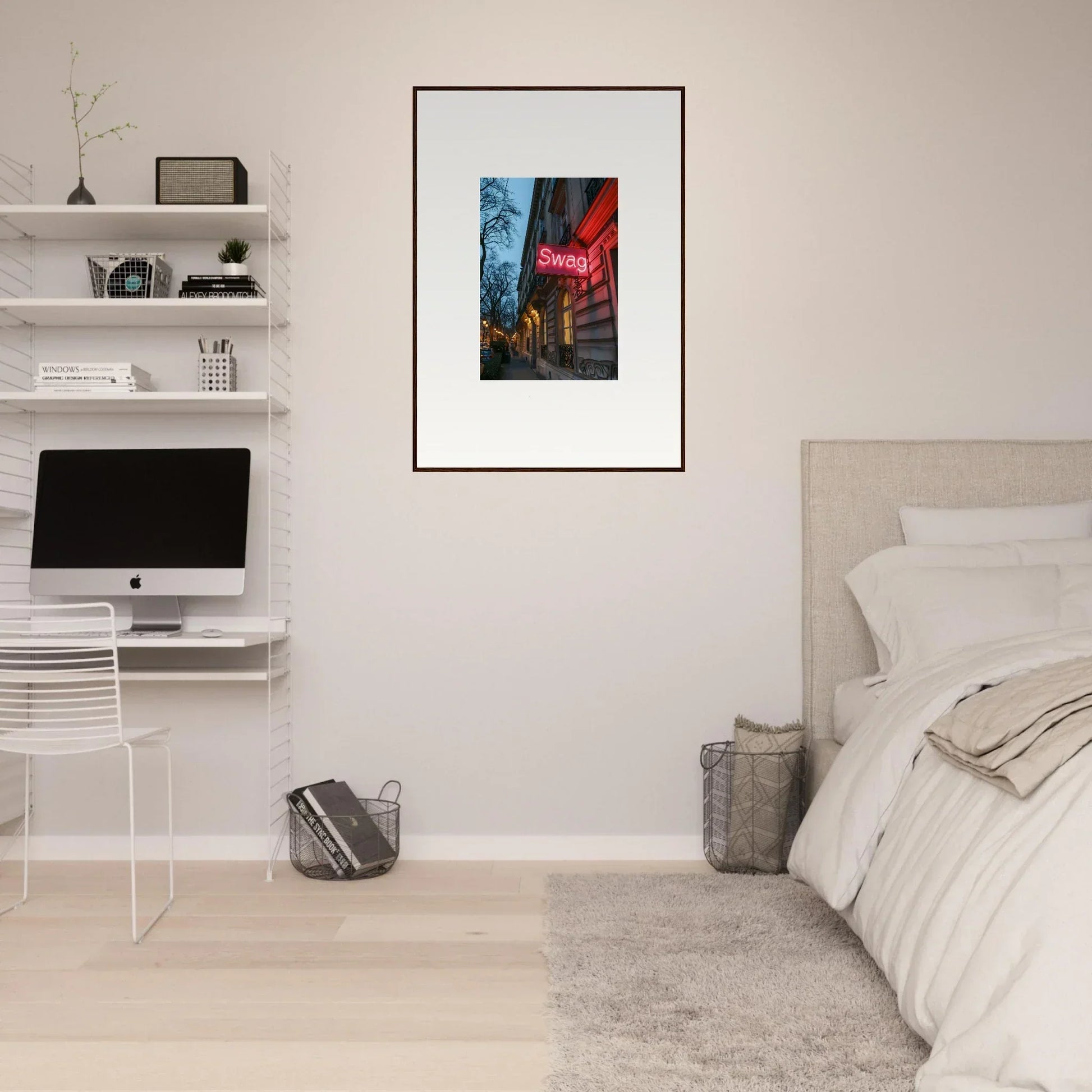 Framed wall art featuring a city street at night with neon signs, eternal whispers room decor