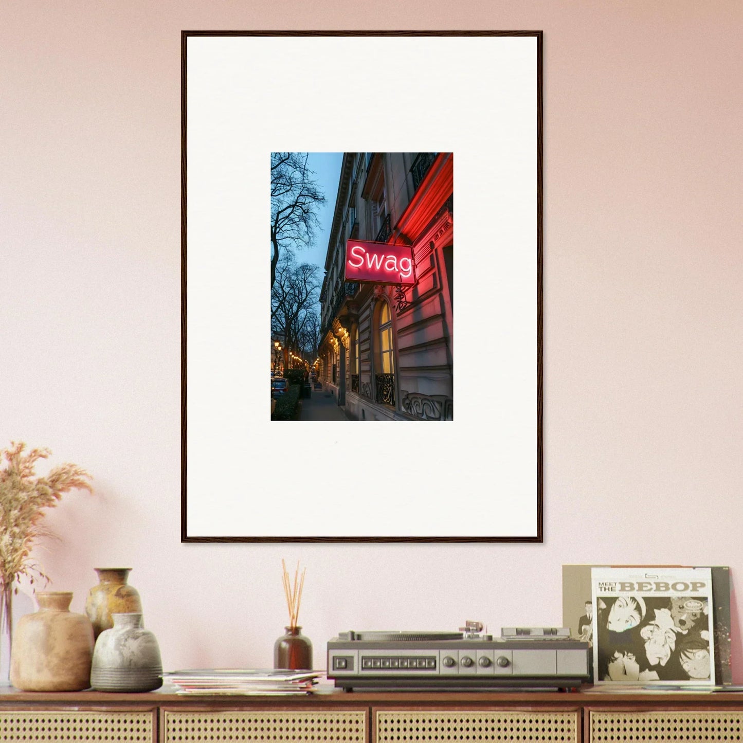 Framed wall art of a neon Swag sign on a building at dusk for eternal whispers room decor
