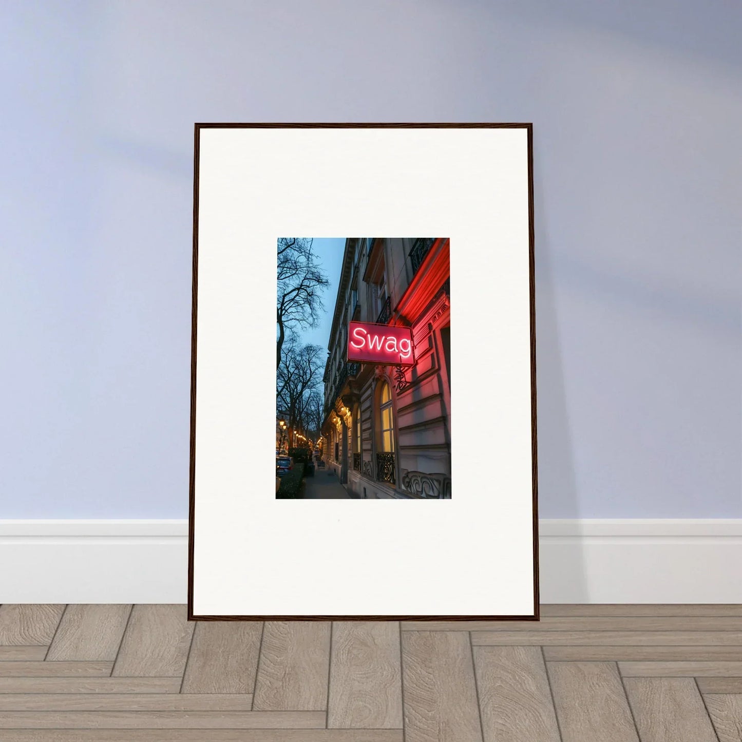Framed wall art of a neon Swag sign at dusk, perfect for eternal whispers room decor