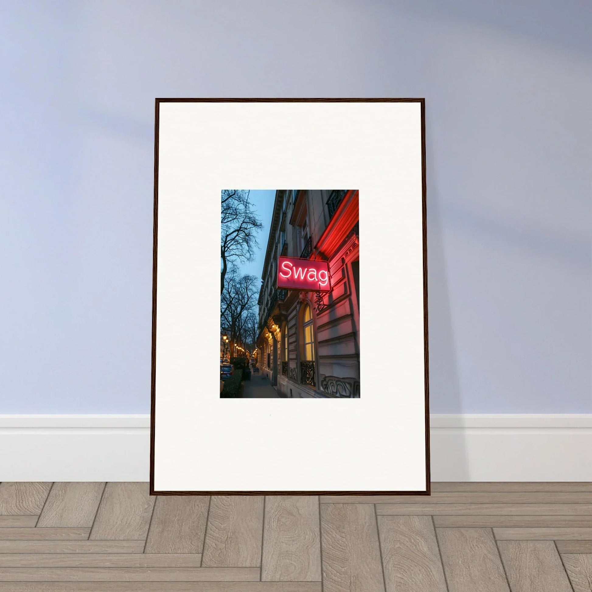 Framed wall art of a neon Swag sign at dusk, perfect for eternal whispers room decor