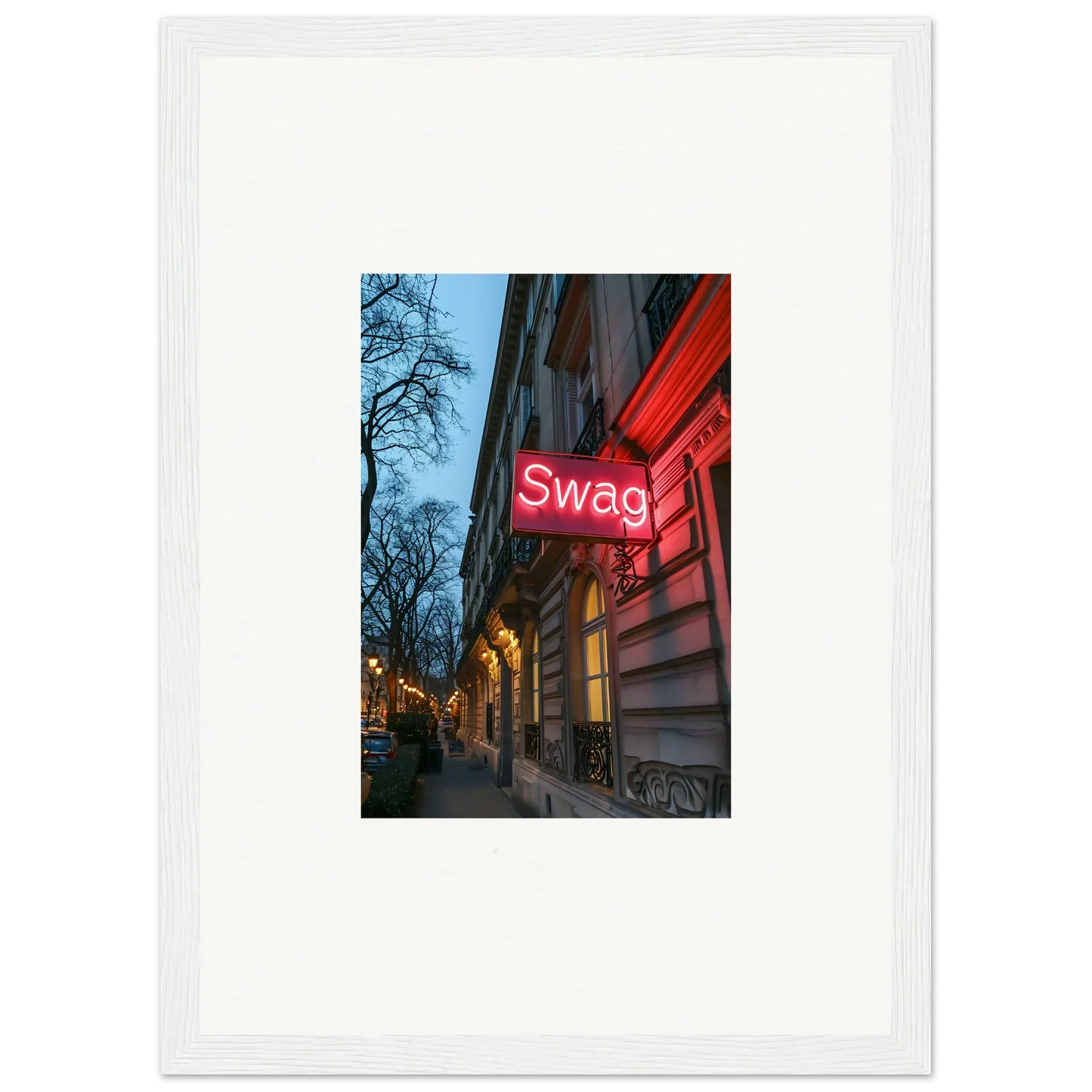 Neon red Swag sign on building facade at dusk, perfect for Eternal Whispers room decor