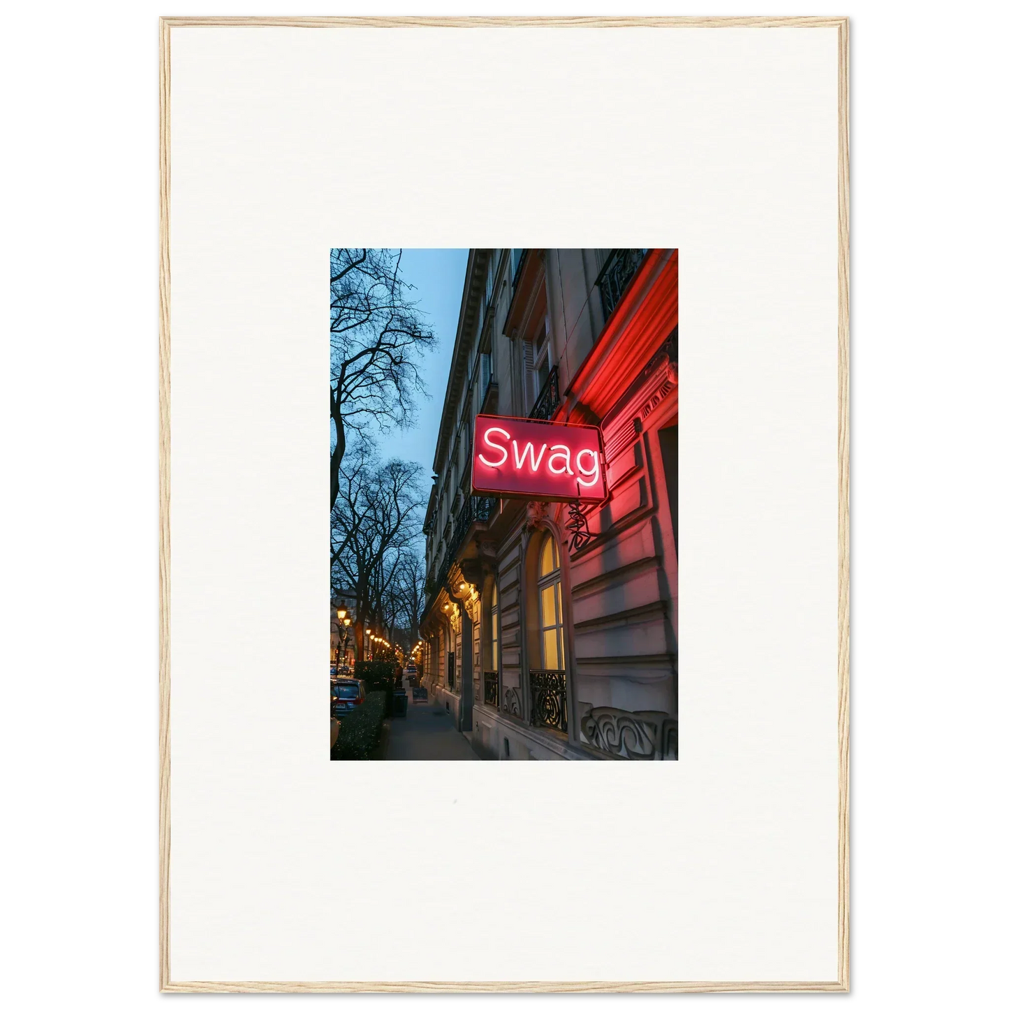 Neon red ’Swag’ sign as framed wall art for trendy room decor with Eternal Whispers