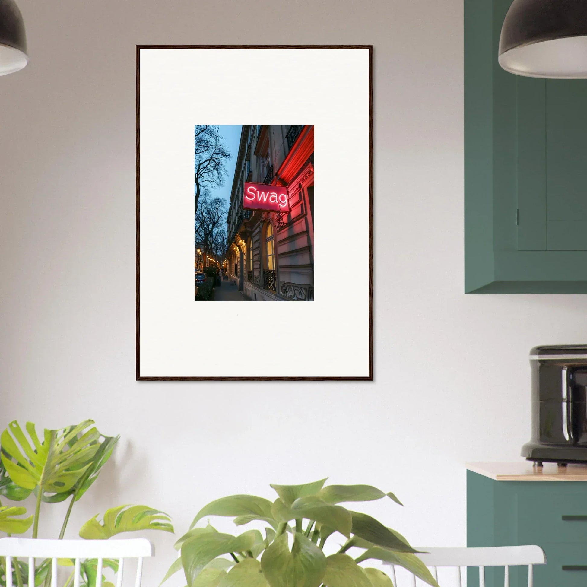 Framed wall art of a neon Swag sign at dusk for unique room decor and eternal whispers