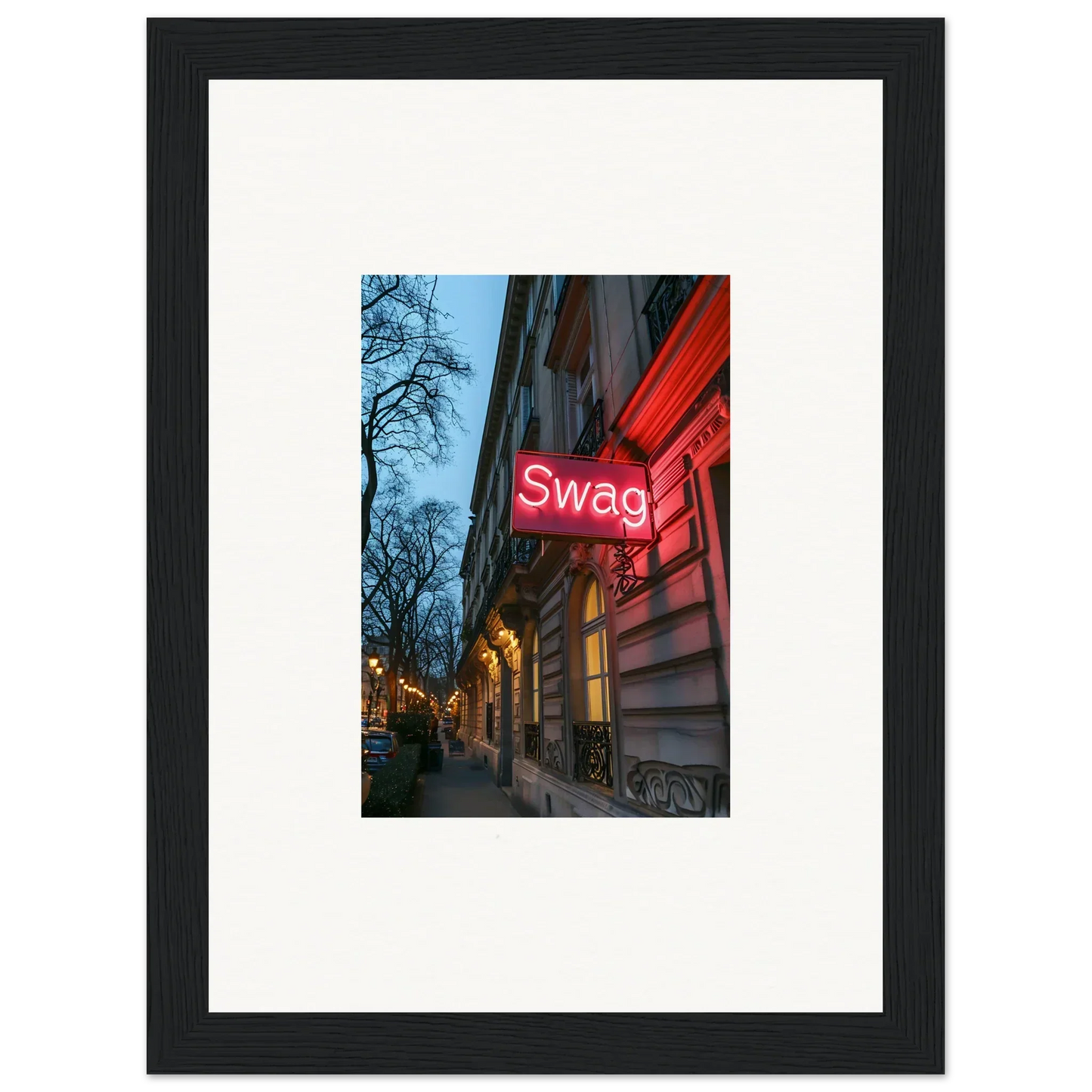 Neon red Swag sign on building facade, ideal for Eternal Whispers room decor