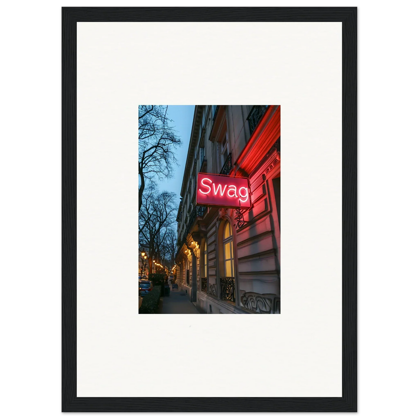 Neon red Swag sign on building facade for stylish room decor and framed wall art