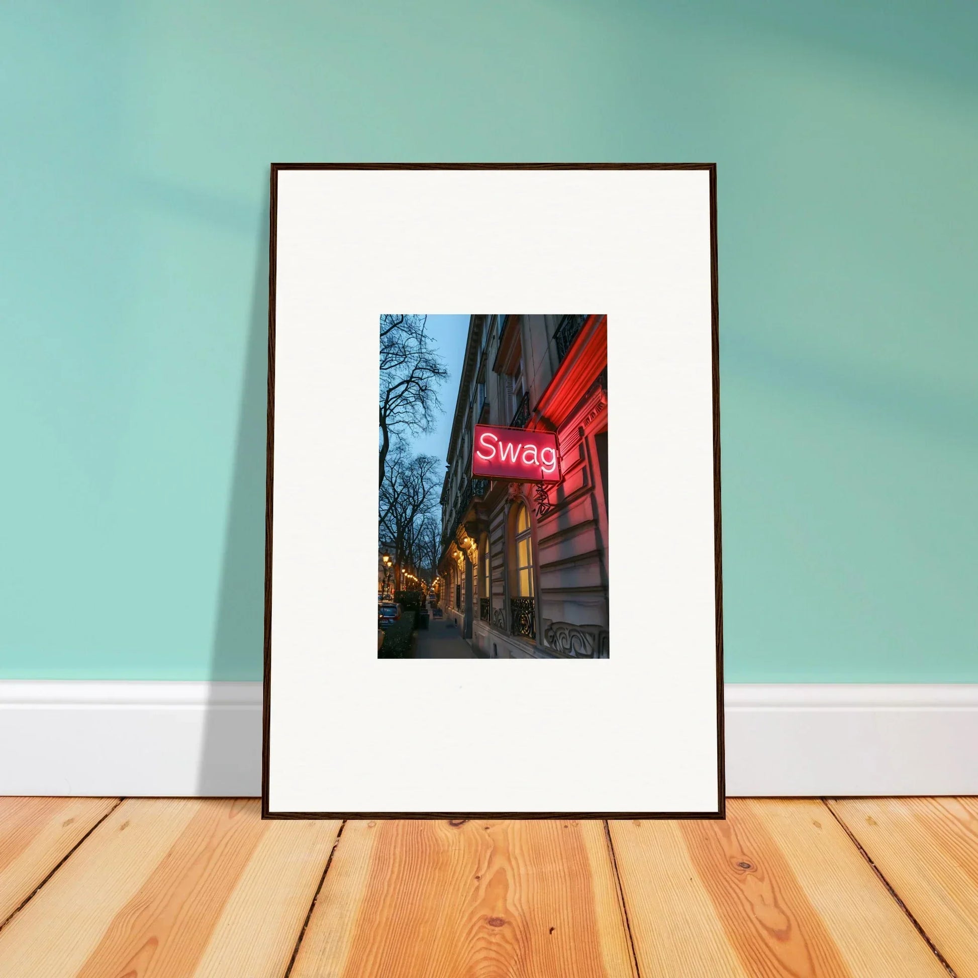 Framed wall art of a neon Swag sign at dusk, perfect for eternal whispers room decor