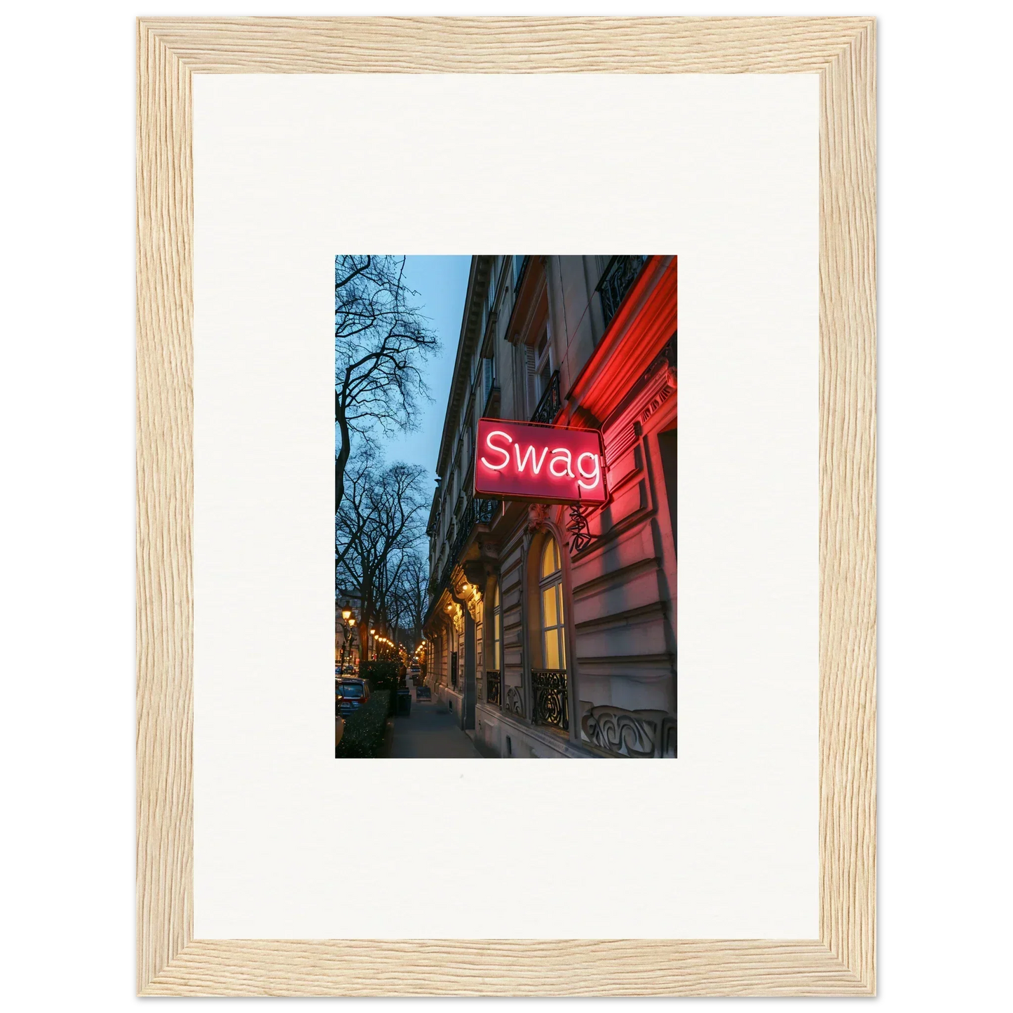 Framed wall art of a neon Swag sign illuminating eternal whispers at dusk
