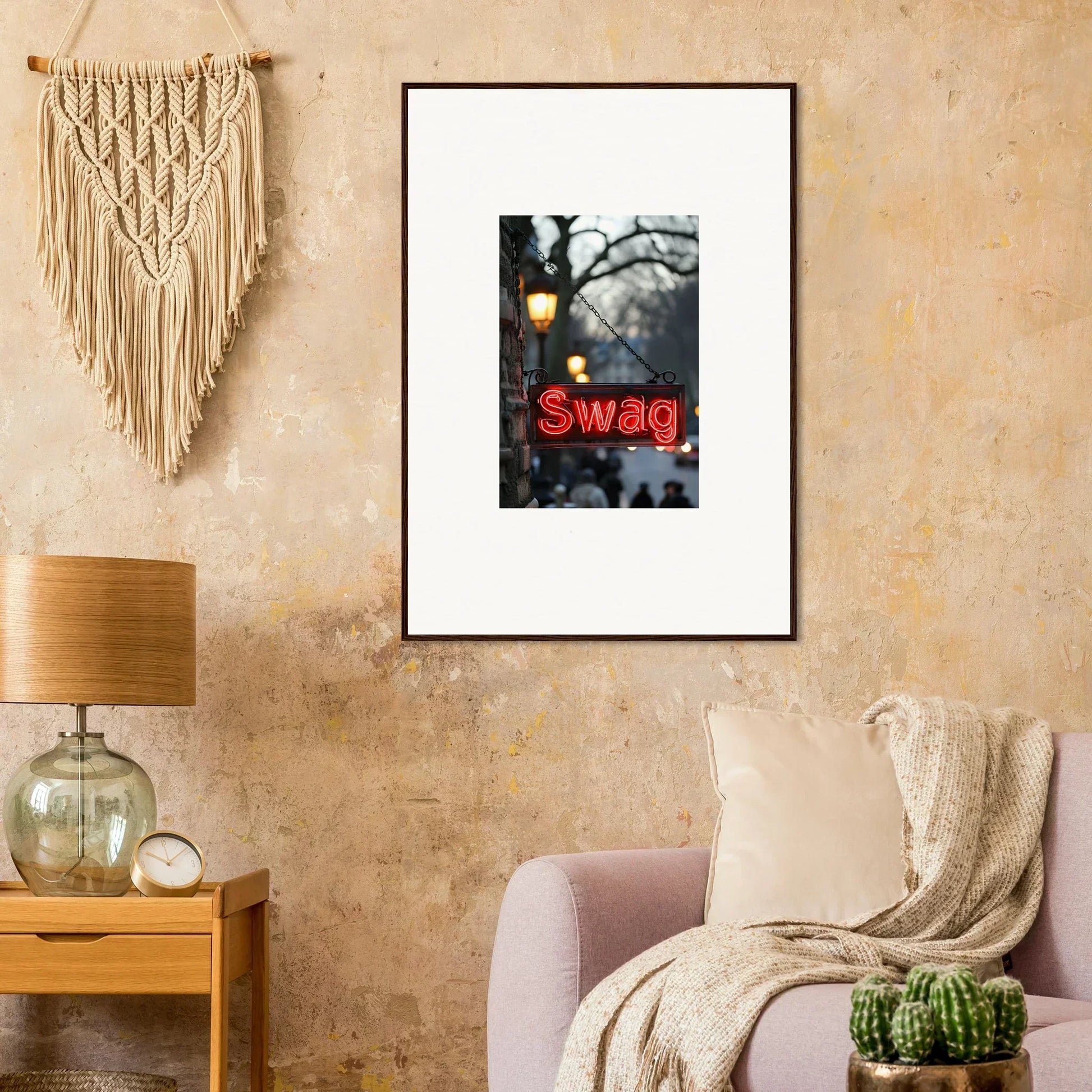Framed canvas print of a neon Swag sign and street lamp to evoke essence in room decoration