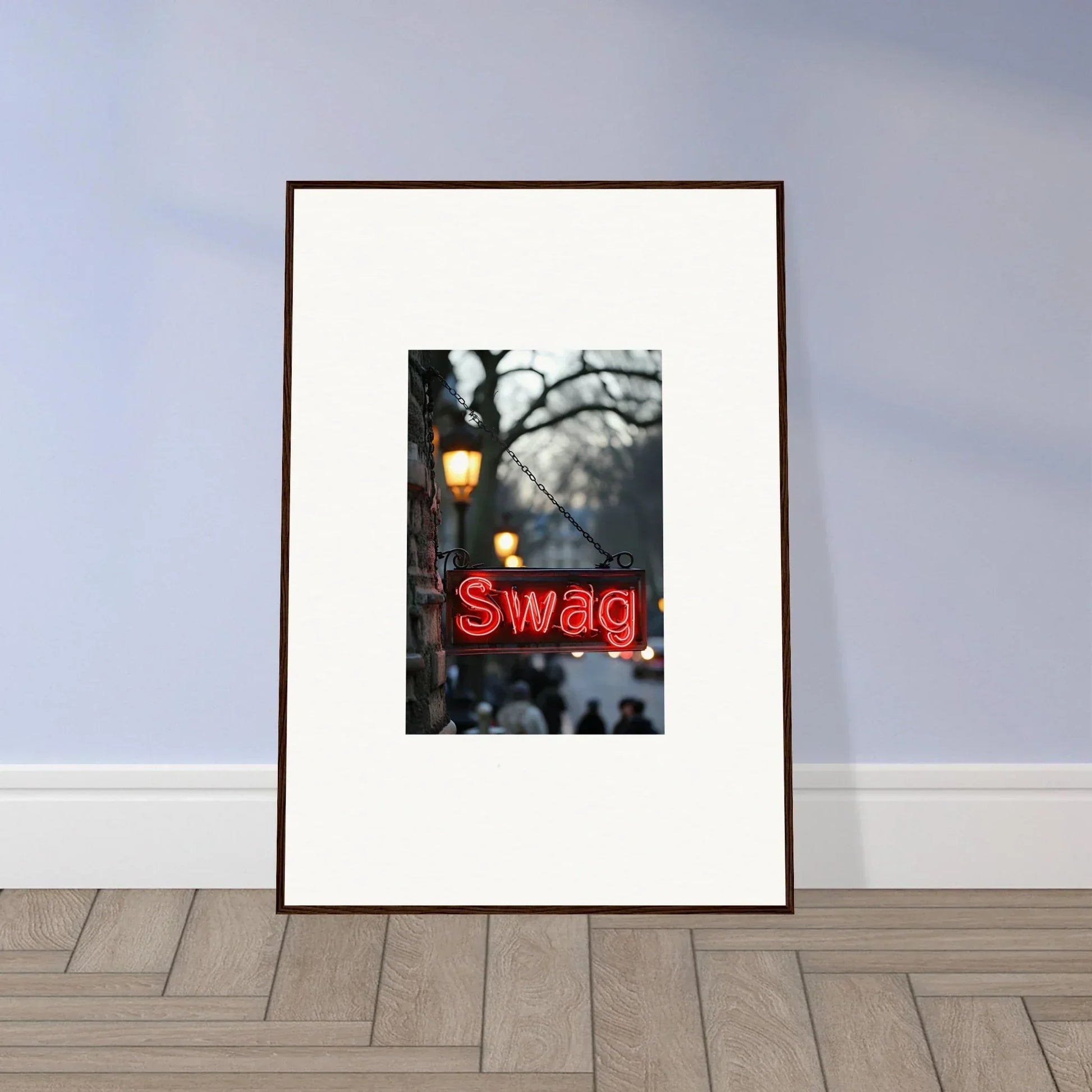 Framed photo of a neon Swag sign perfect for room decoration and evoking essence