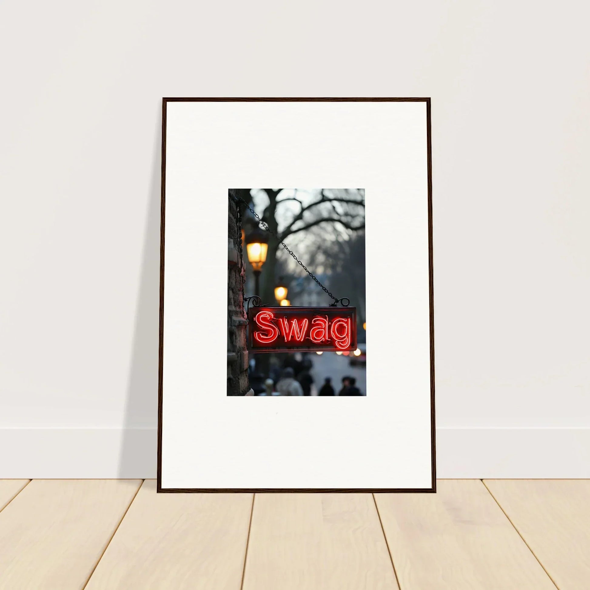 Framed photograph of a neon Swag sign for cool room decoration, Evoke Essence vibe