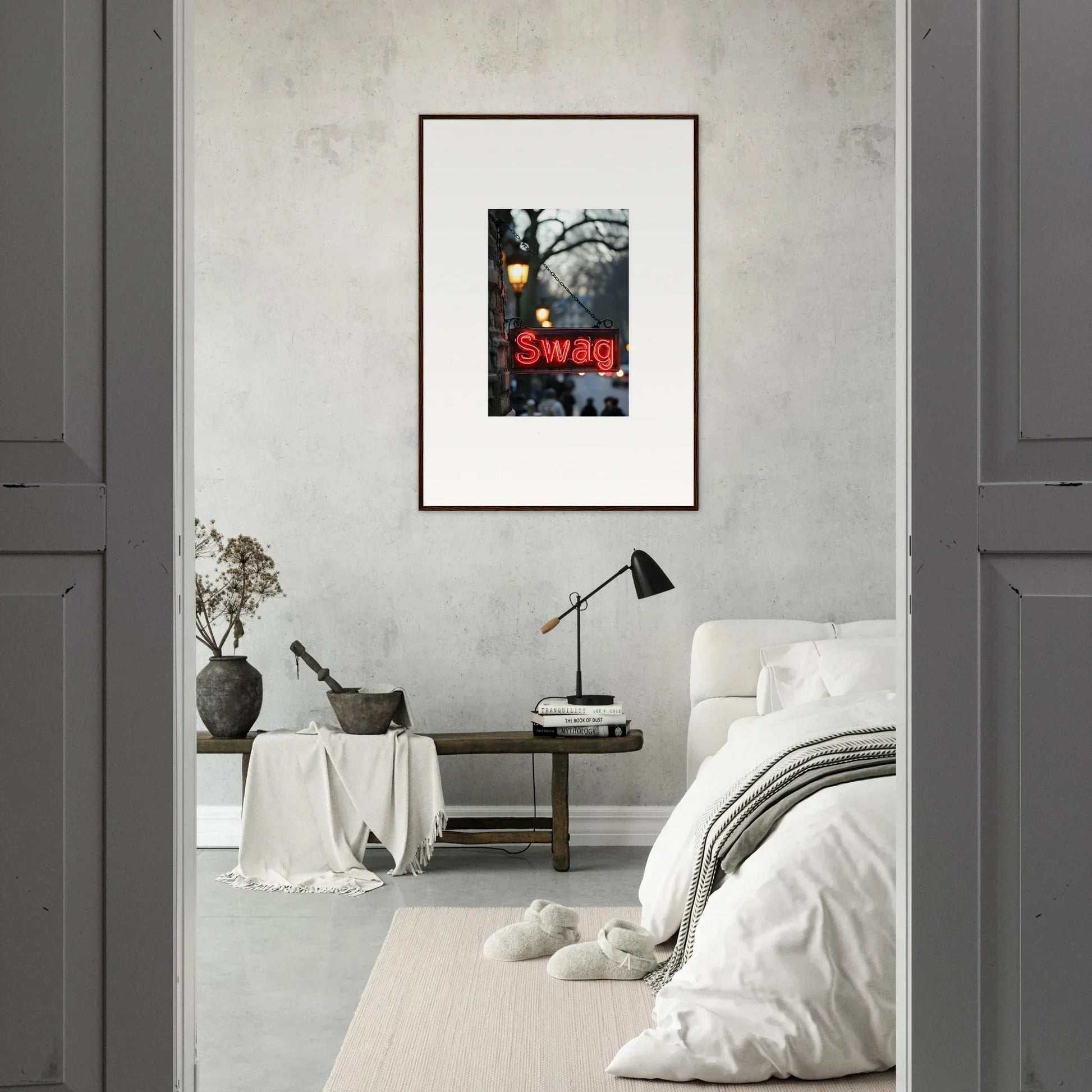 Framed canvas print of Swag in red, perfect for room decoration to evoke essence