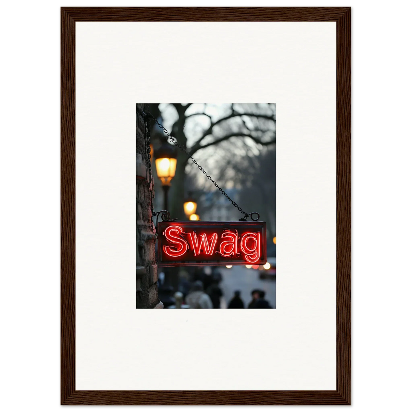 Neon red Swag sign shines in urban scene, perfect for room decoration or canvas print