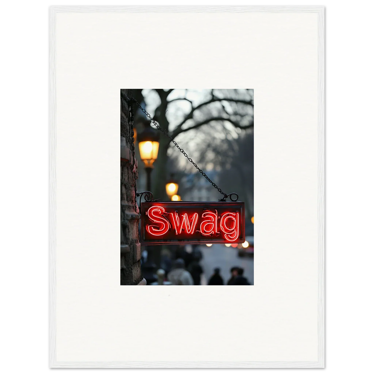 Glowing red neon sign reading Swag for cool room decoration and Neon Evoke Essence canvas print