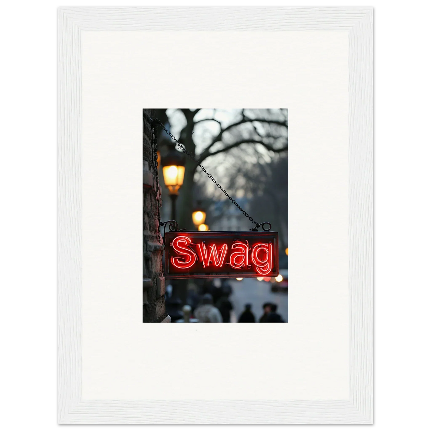 Neon red Swag sign glows in a blurry cityscape, perfect for room decoration and evoke essence