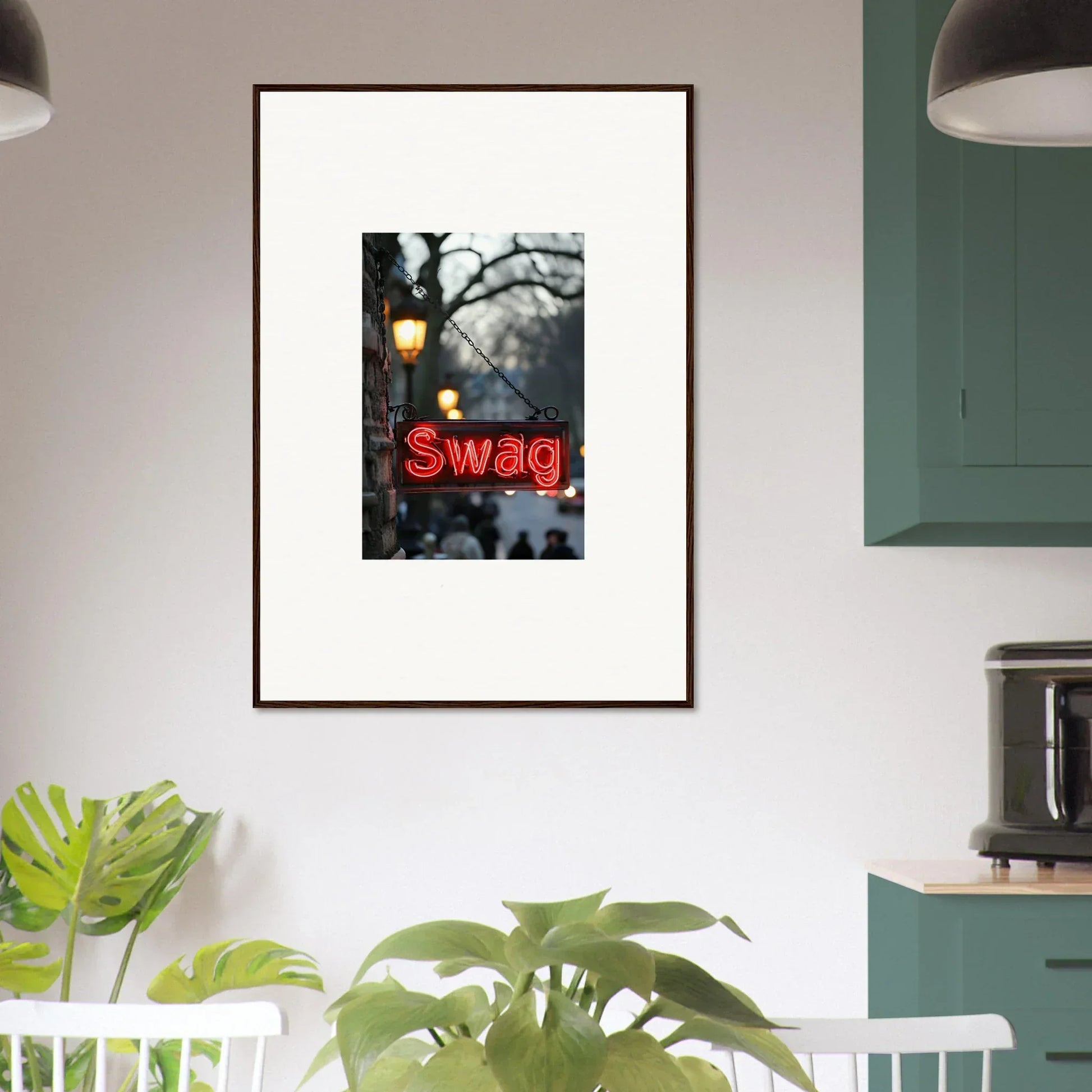 Framed canvas print of a neon red Swag sign, perfect for room decoration to evoke essence