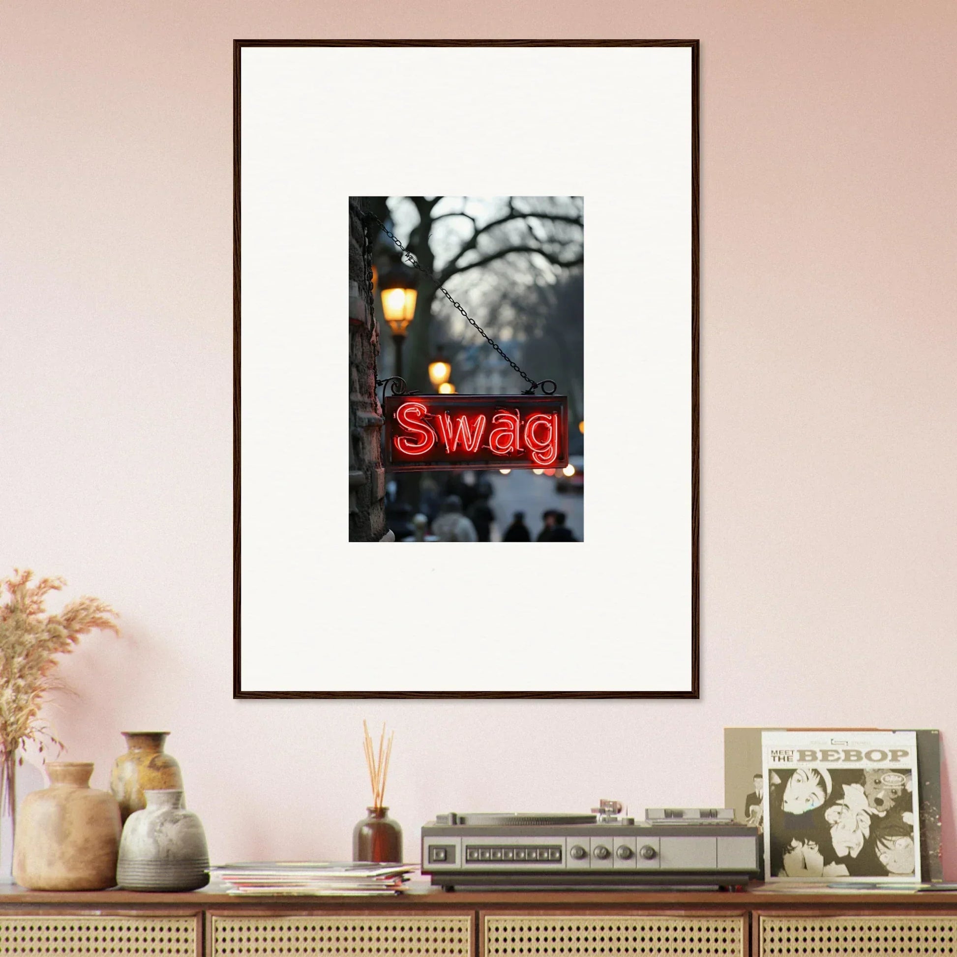 Framed neon Swag sign at night, perfect for room decoration and Evoke Essence vibes