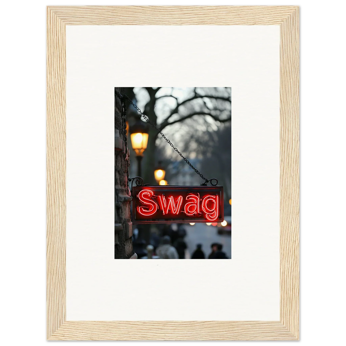 Framed neon Swag sign lit up at night, perfect for room decoration and evoke essence
