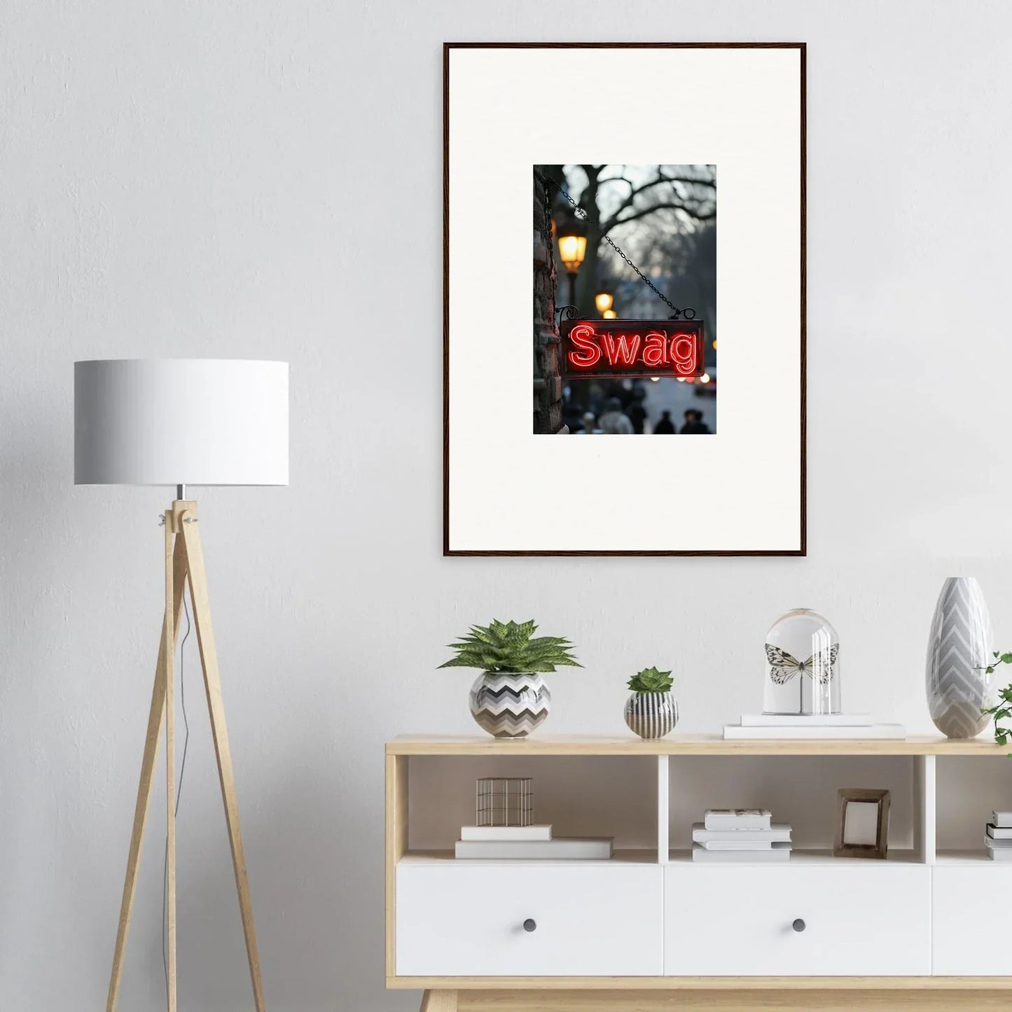 Framed neon Swag sign in a moody setting, perfect for room decoration and evoke essence