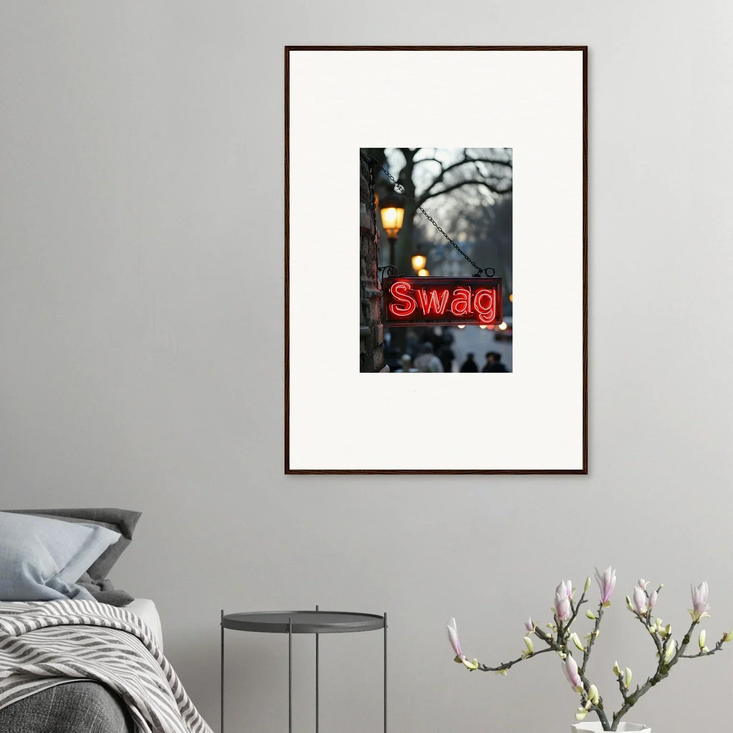 Framed canvas print of a neon Swag sign with winter vibes to evoke essence in room decoration