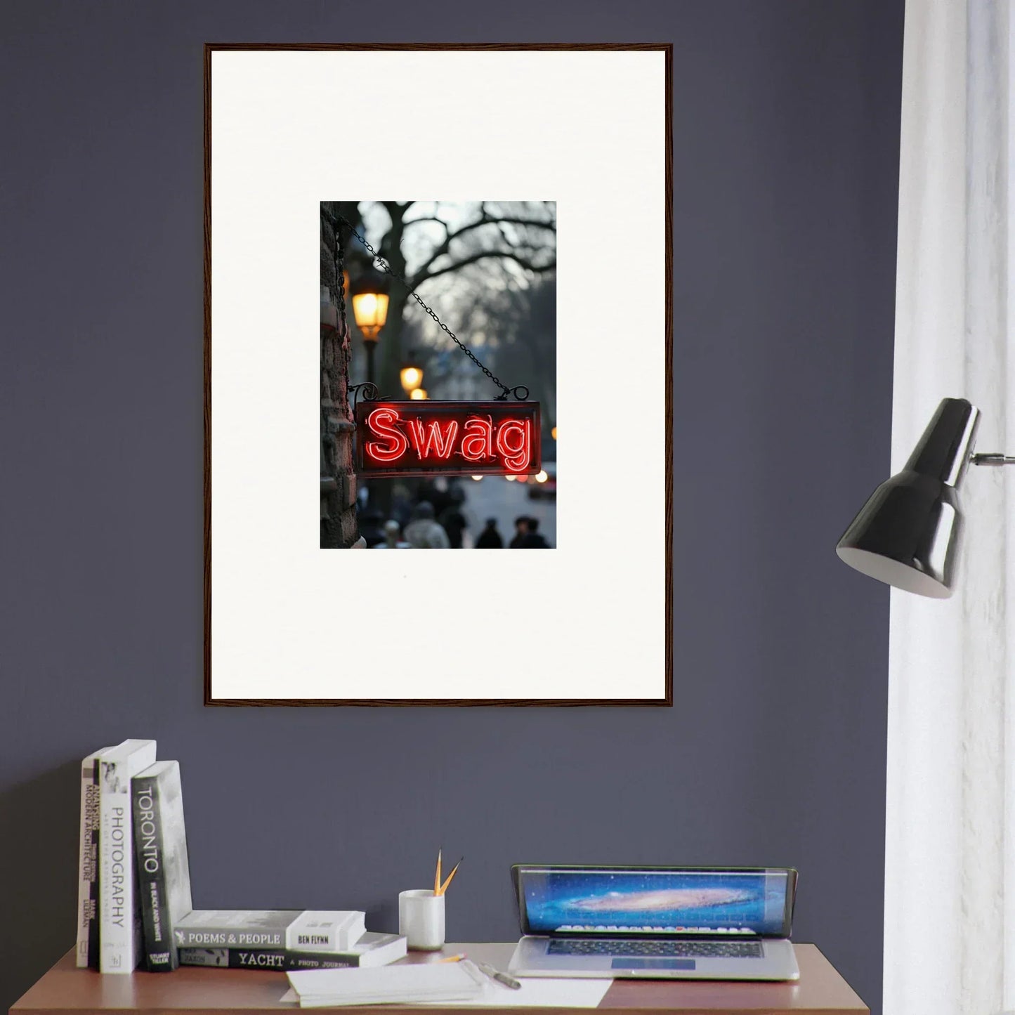 Framed red Swag neon sign canvas print glowing in dark urban room decoration vibe