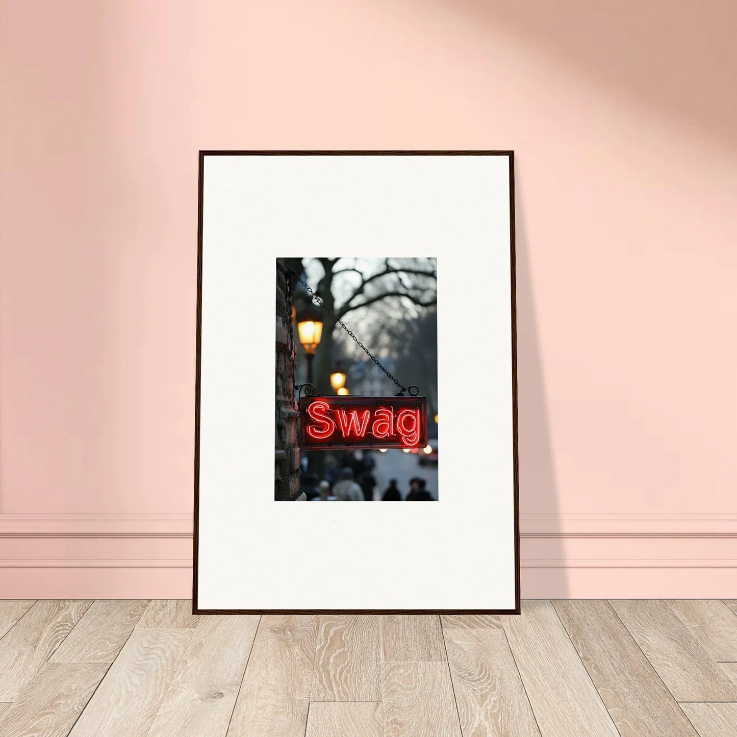 Framed neon Swag sign canvas print perfect for room decoration, evoking essence