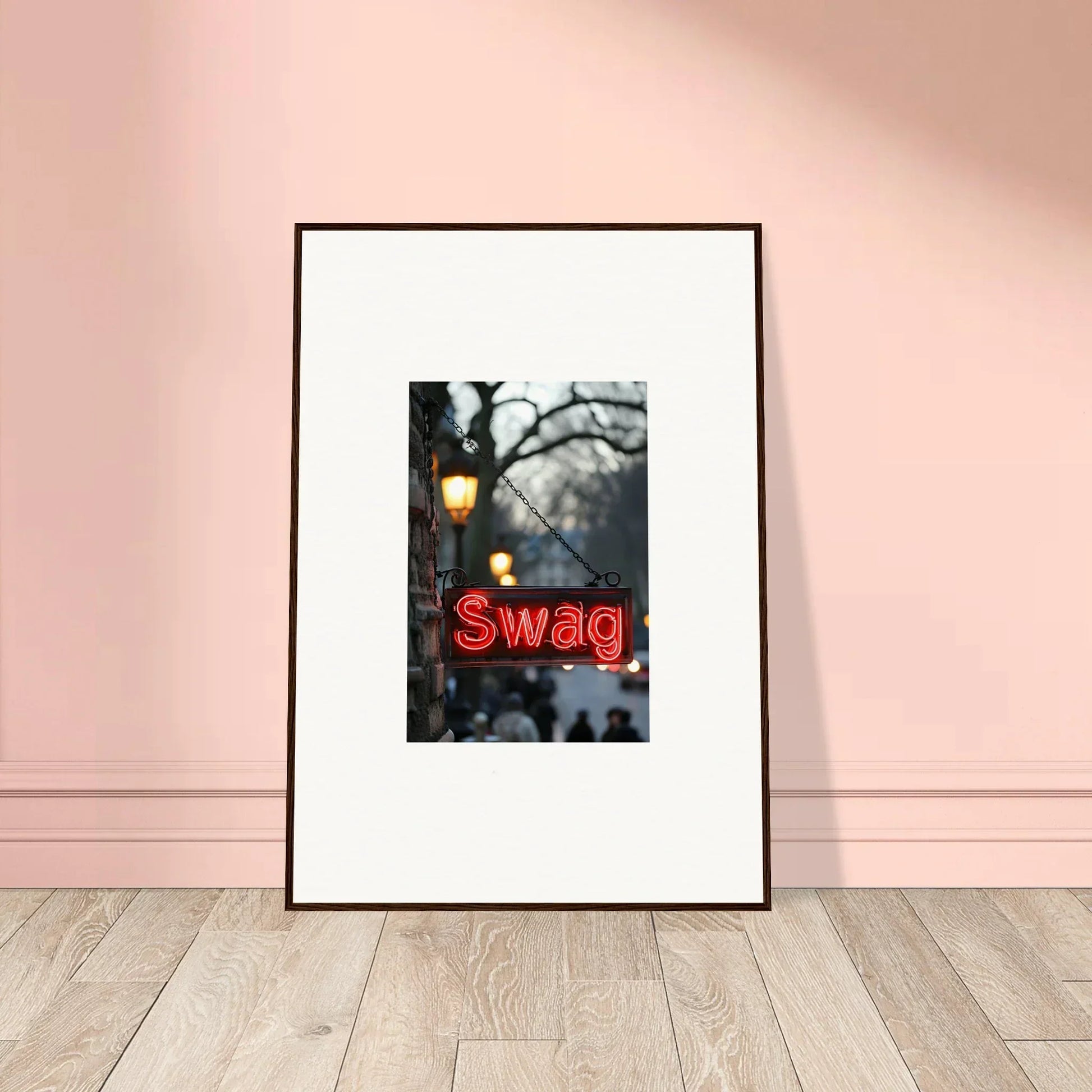 Framed neon Swag sign canvas print perfect for room decoration, evoking essence