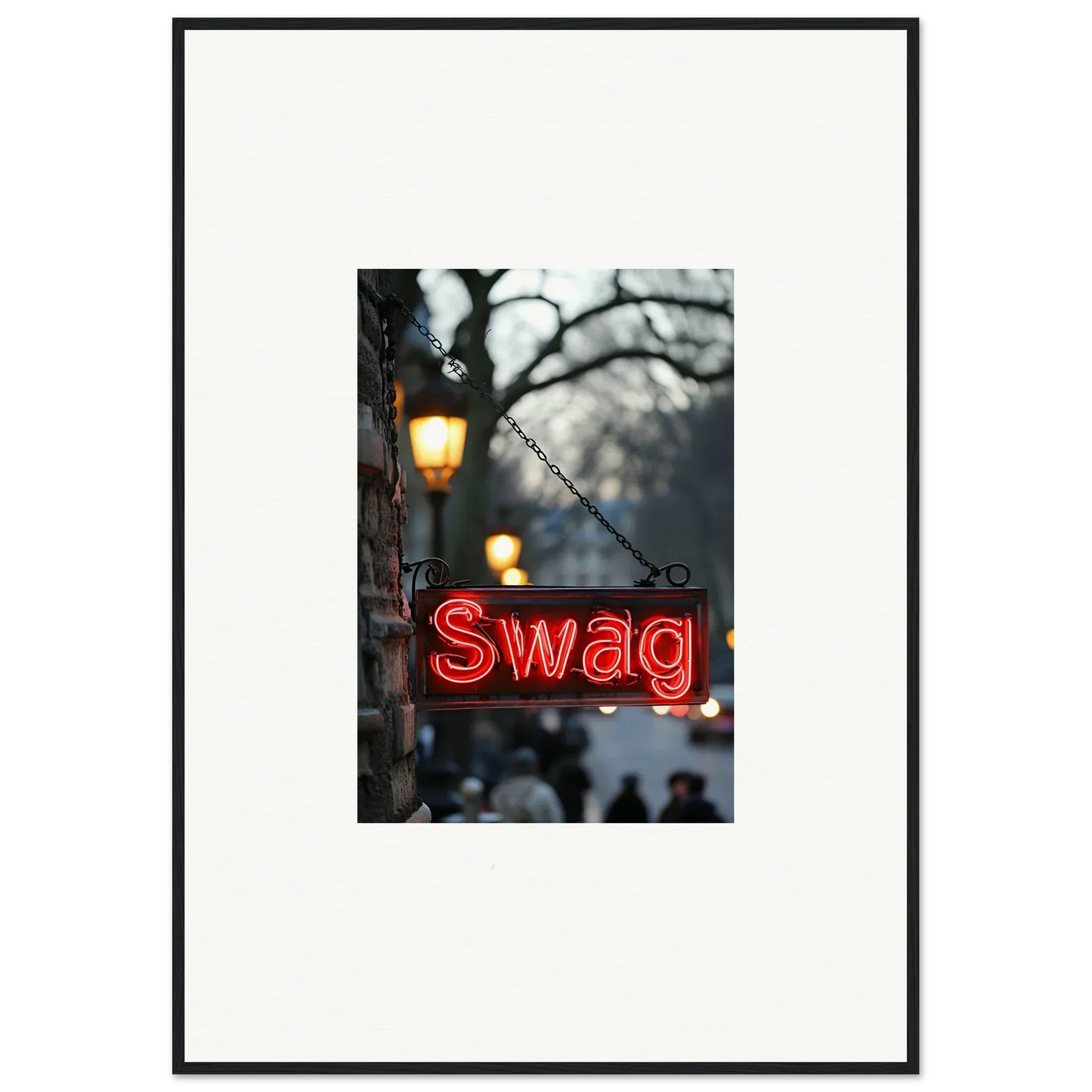 Neon red Swag sign lights up blurred trees, perfect for room decoration and Evoke Essence vibes