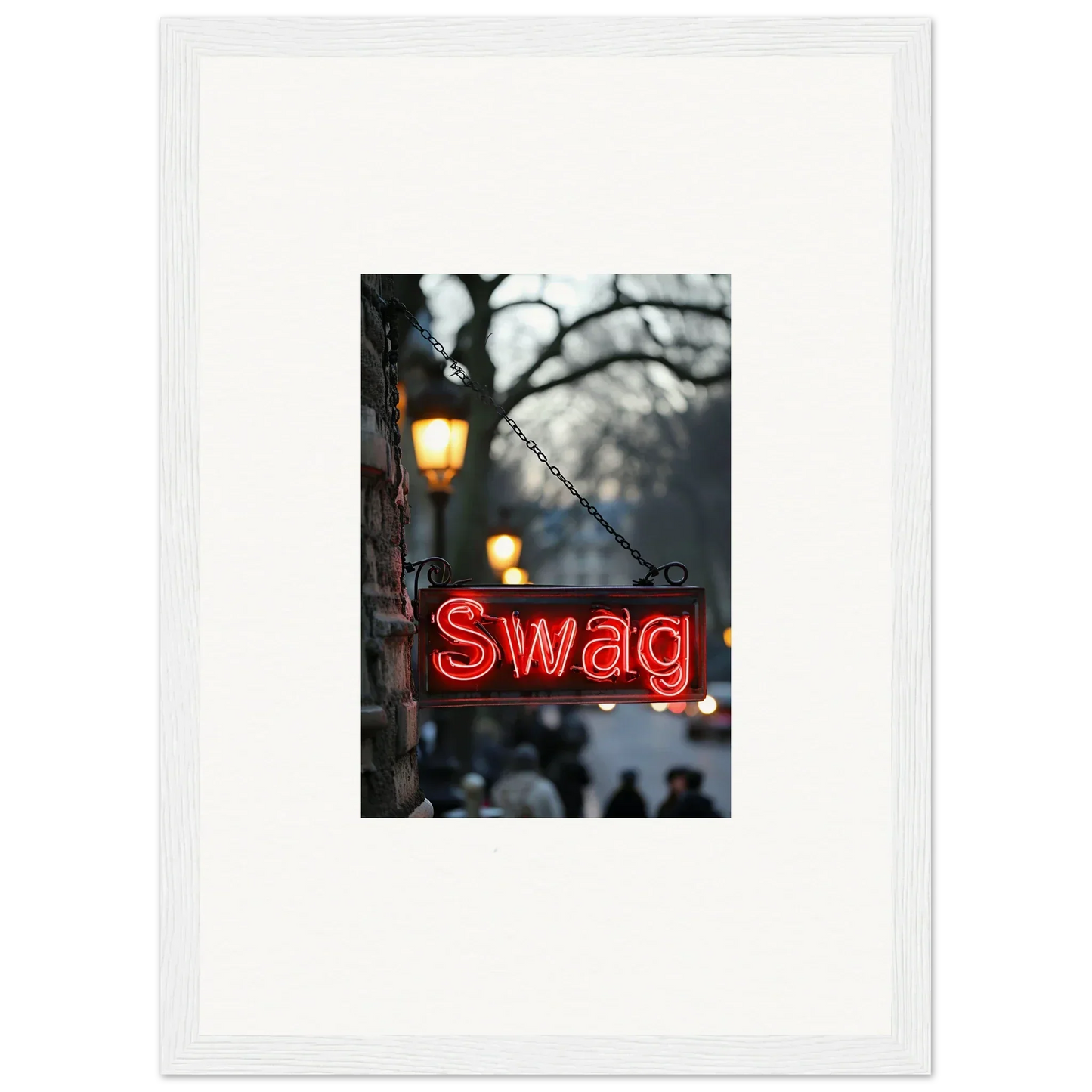 Neon red Swag sign brightening up a city scene, perfect for room decoration or canvas print