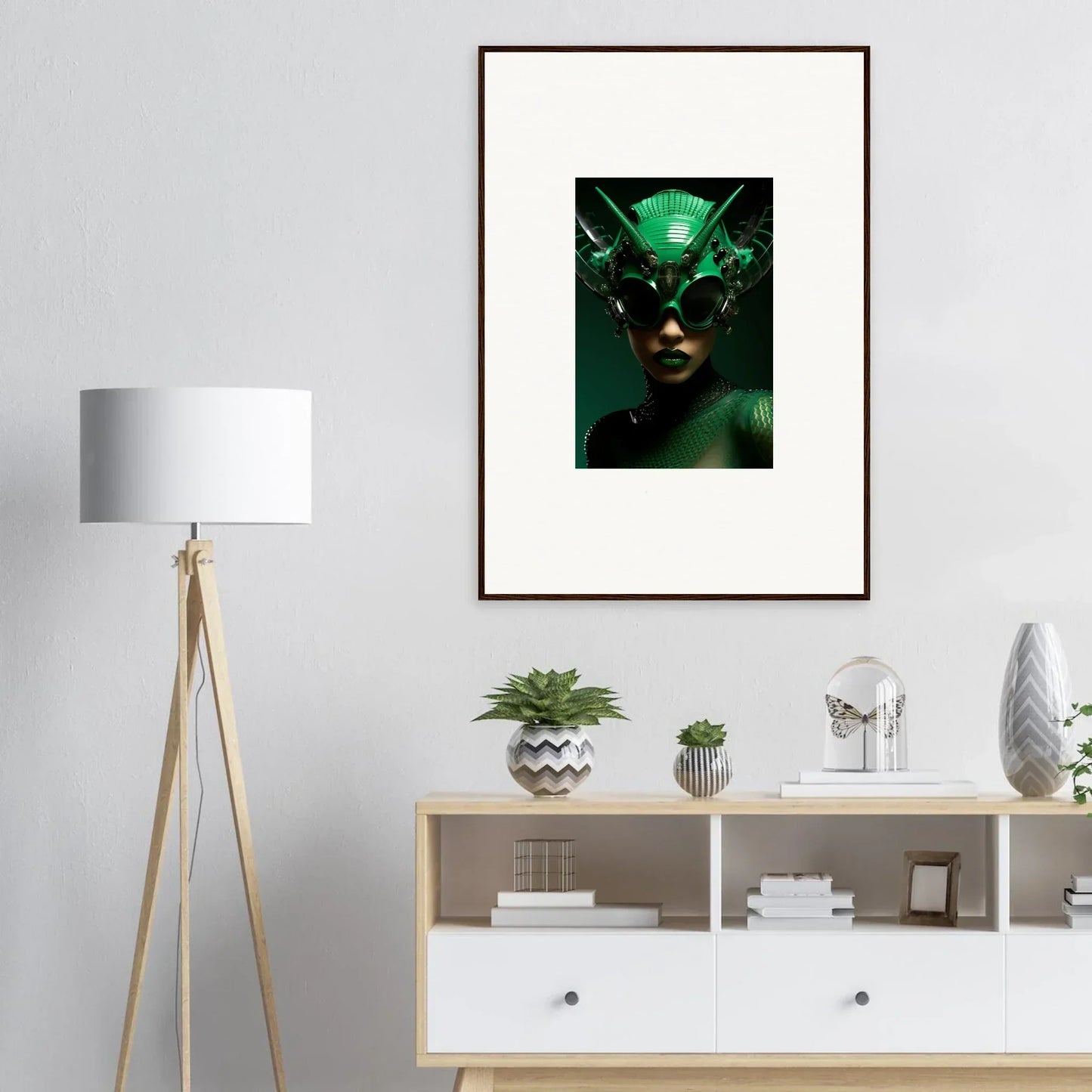 Framed wall art of the Nebula Empress, a futuristic green-tinted portrait for room decor