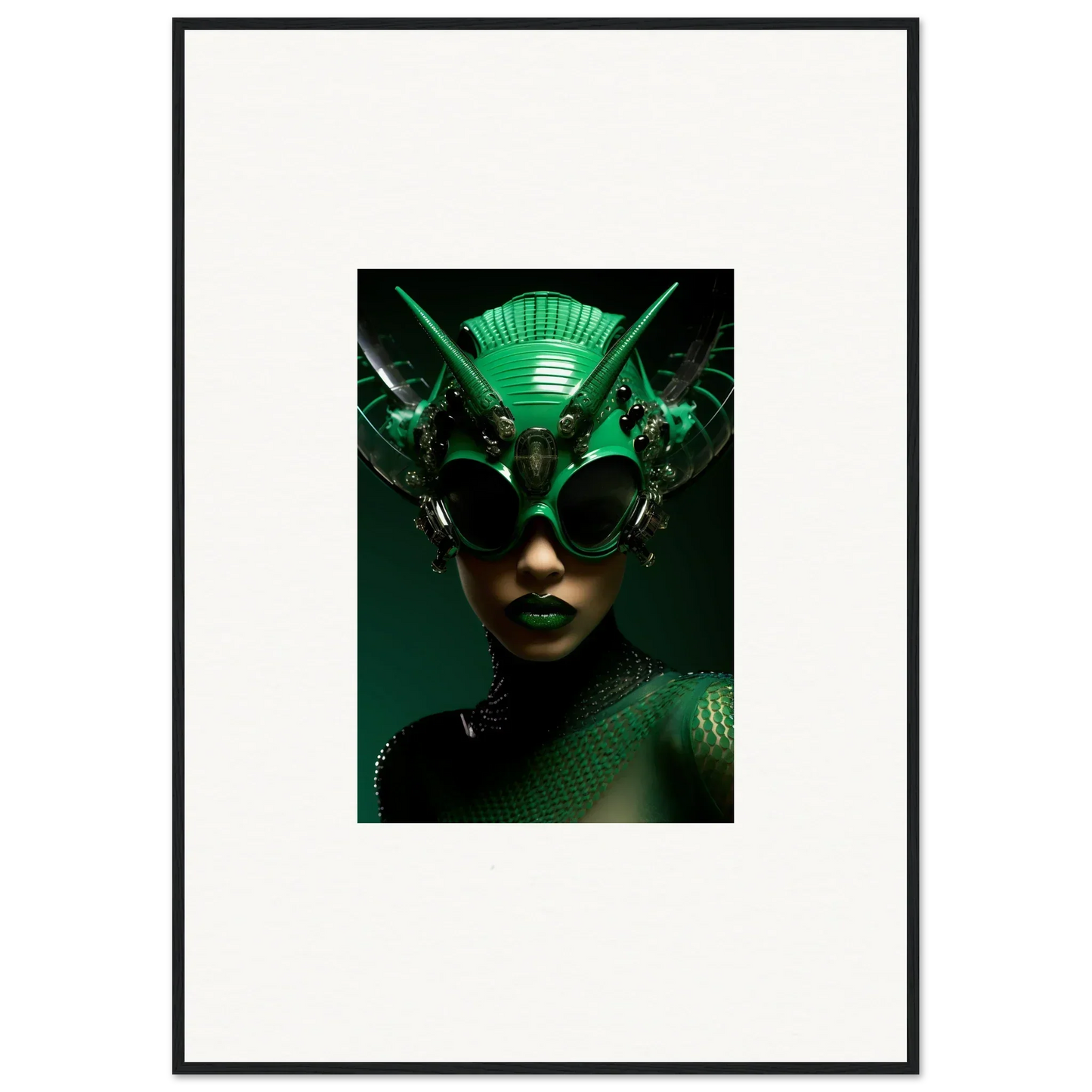 Futuristic green headpiece with metallic details from the Nebula Empress collection