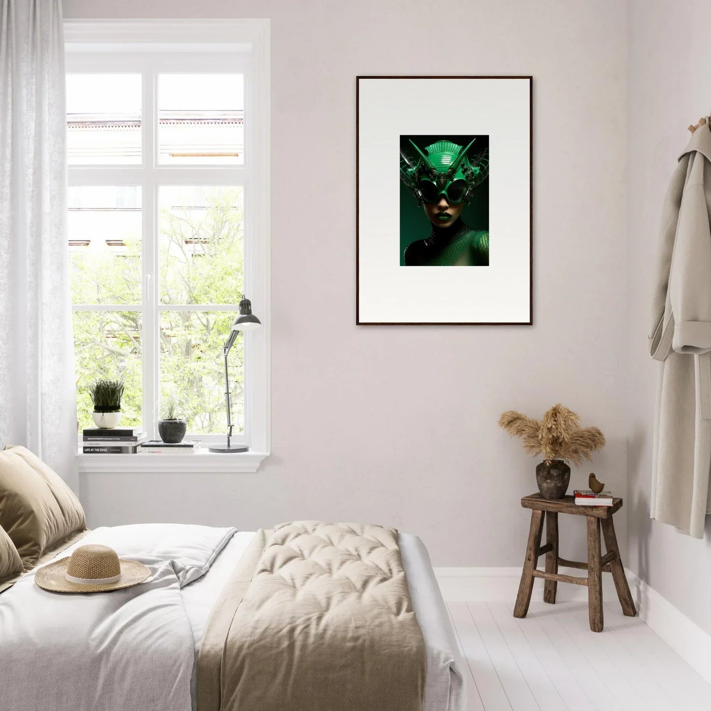 Framed wall art of a Green-tinted Nebula Empress with a futuristic headdress