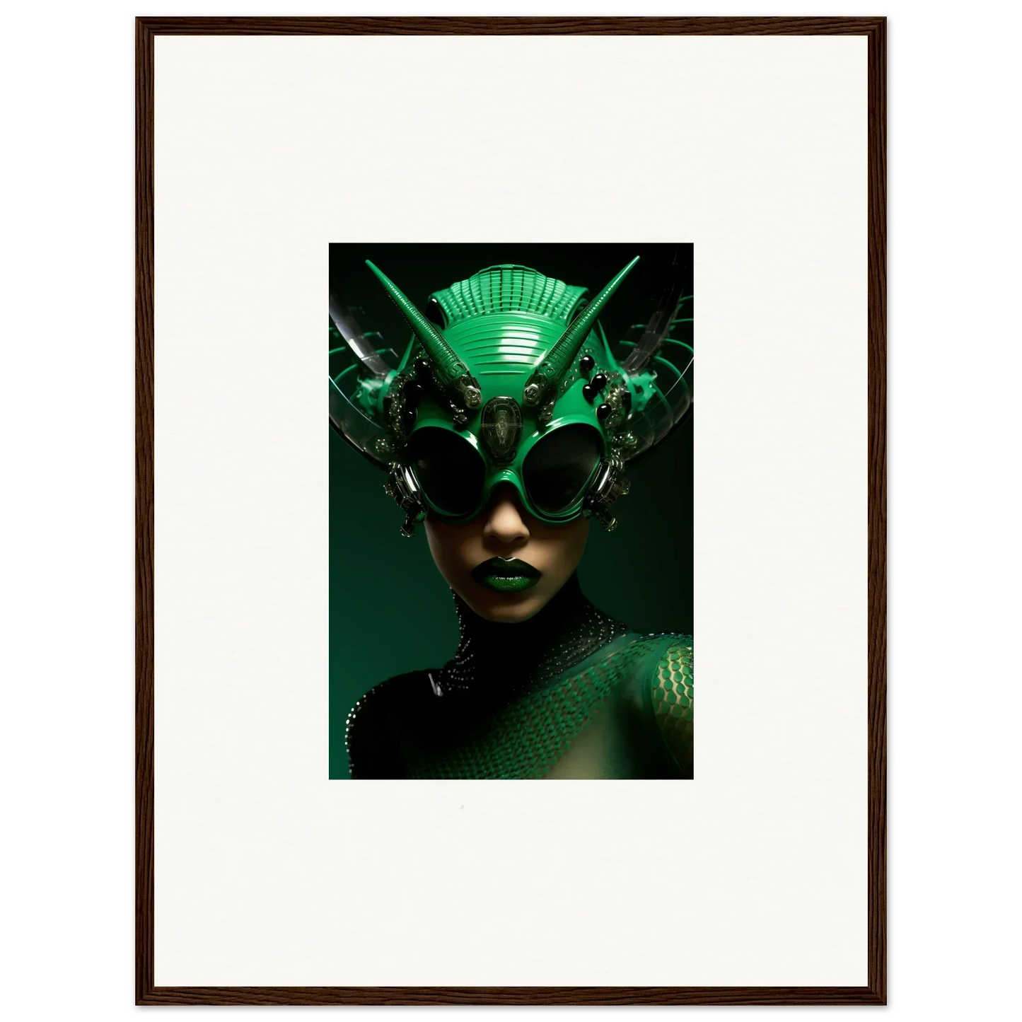 Futuristic green headpiece with metallic details in Neon Nebula Empress wall art