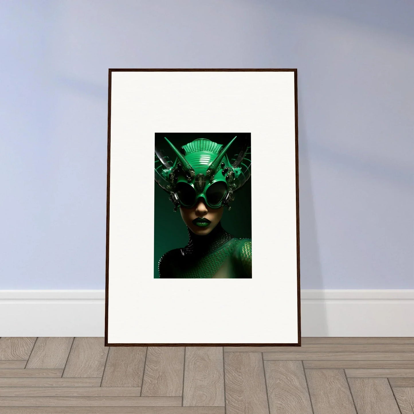 Framed wall art of Nebula Empress in green headdress and dark sunglasses for room decor