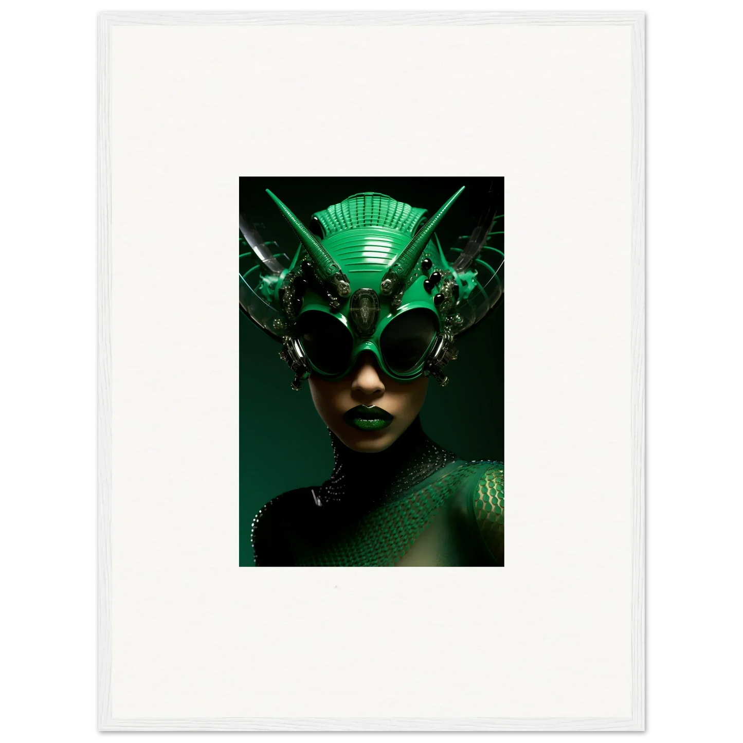 Futuristic green headpiece with metallic elements worn by the Nebula Empress for room decor