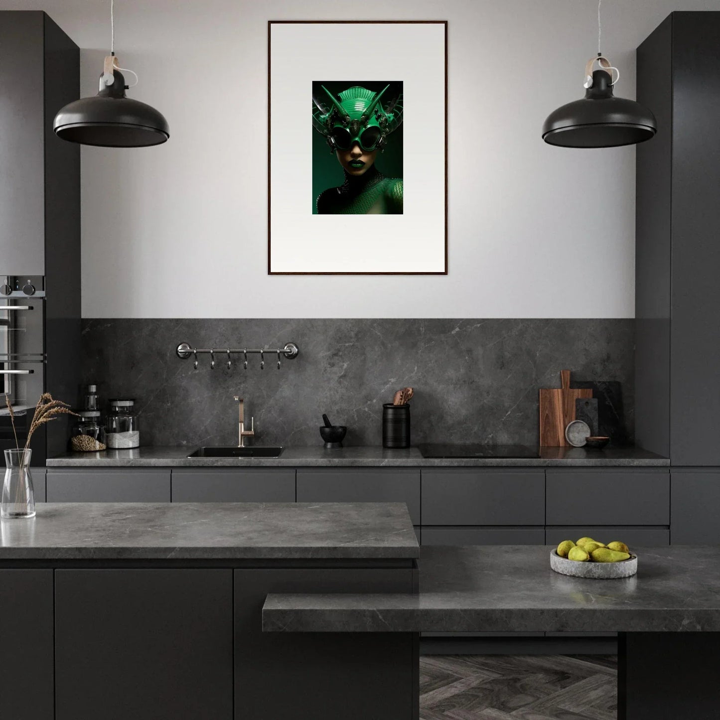 Modern kitchen with dark cabinetry and framed wall art, featuring the Nebula Empress