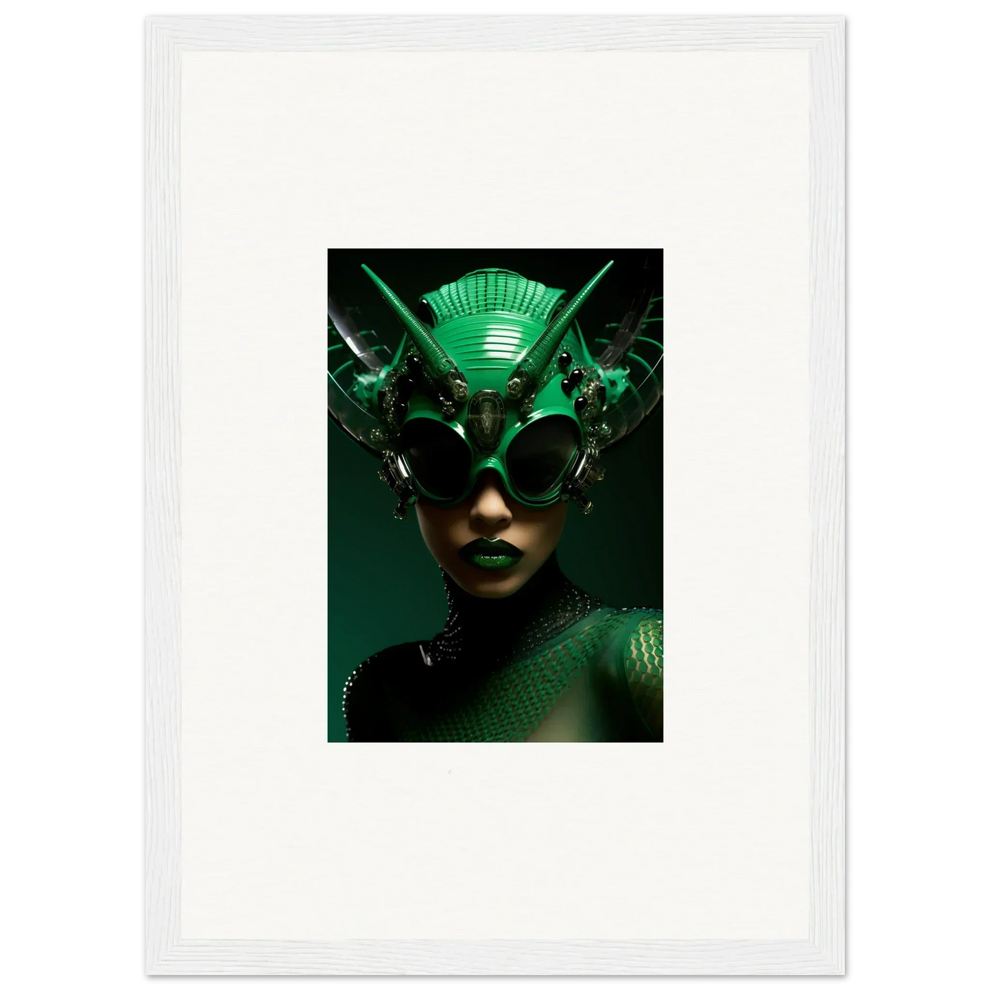 Futuristic green headpiece with spikes and glow from Nebula Empress wall art decor