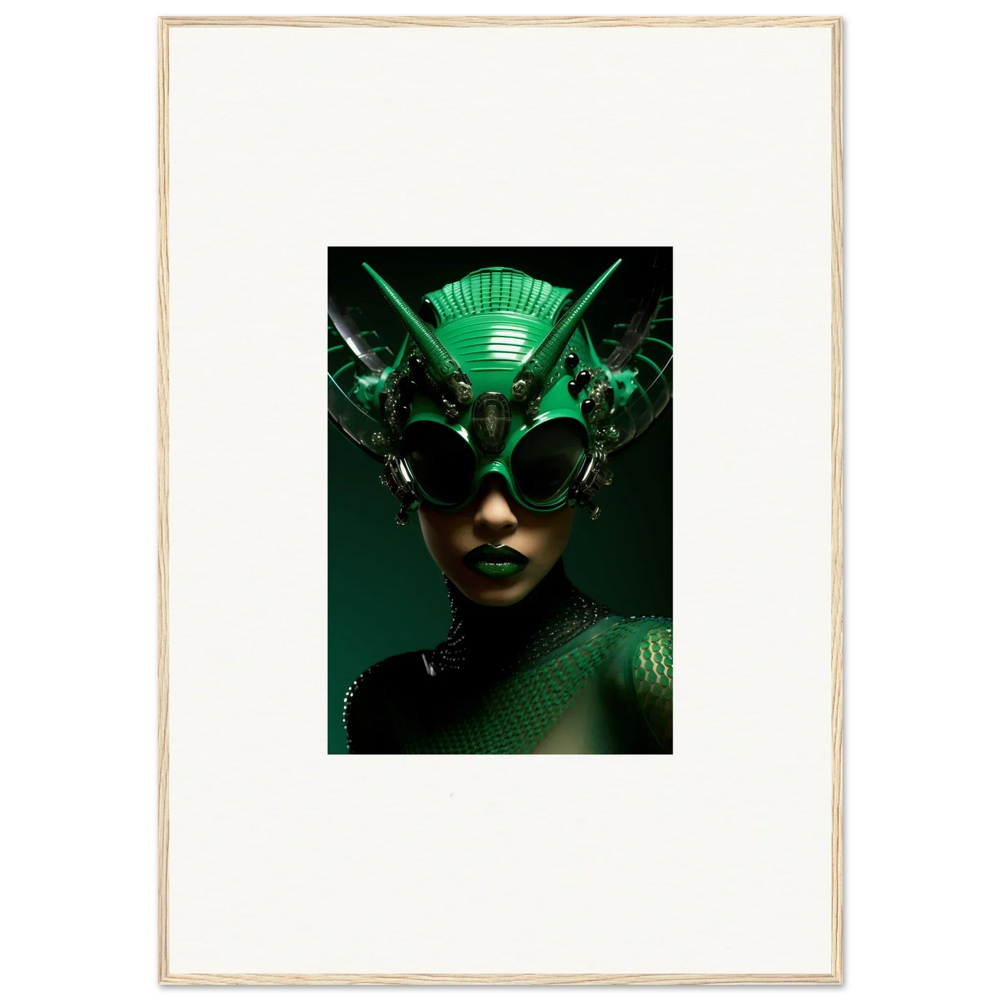 Futuristic green headpiece with metallic details for room decor inspired by Nebula Empress