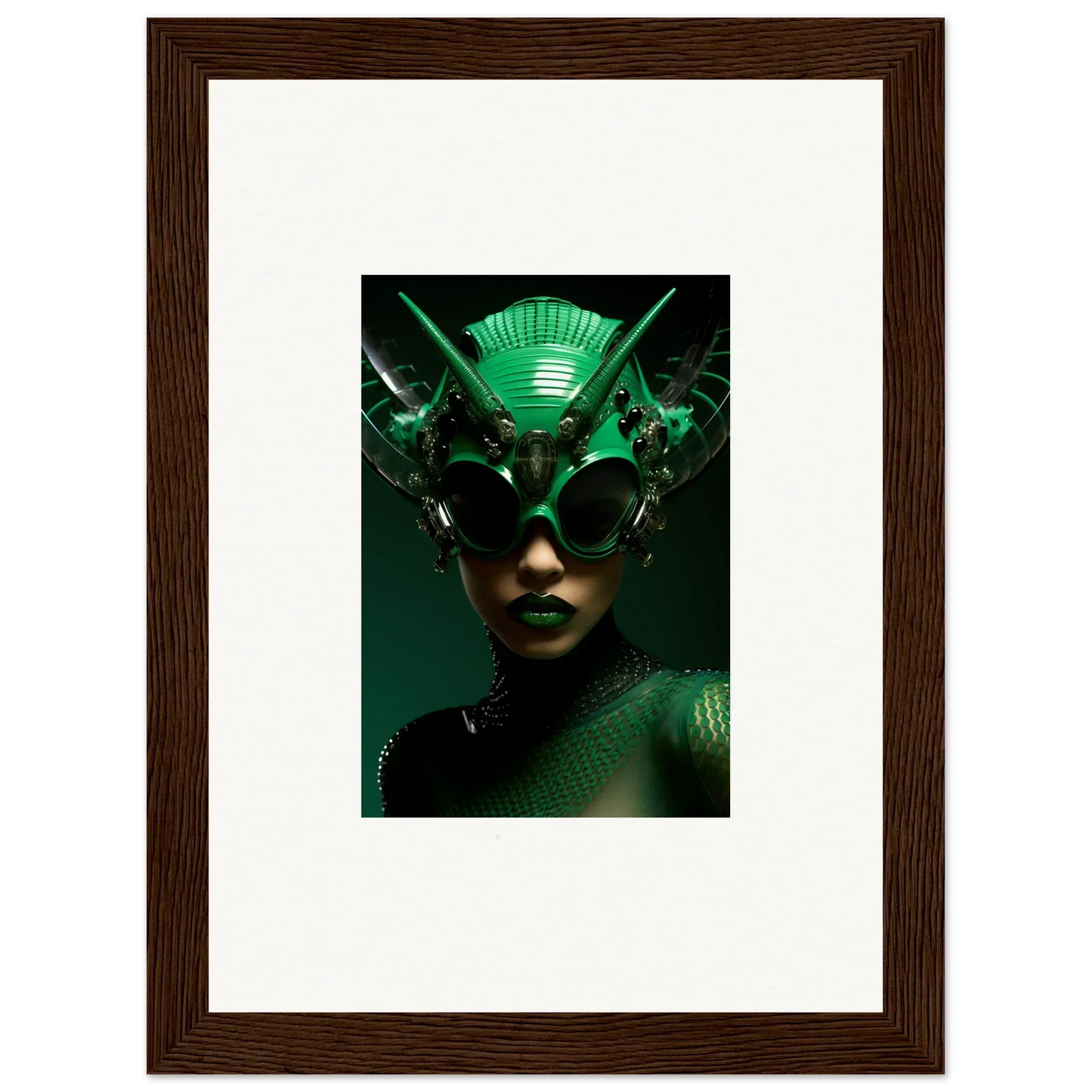 Futuristic green headpiece with metallic elements for Nebula Empress room decor